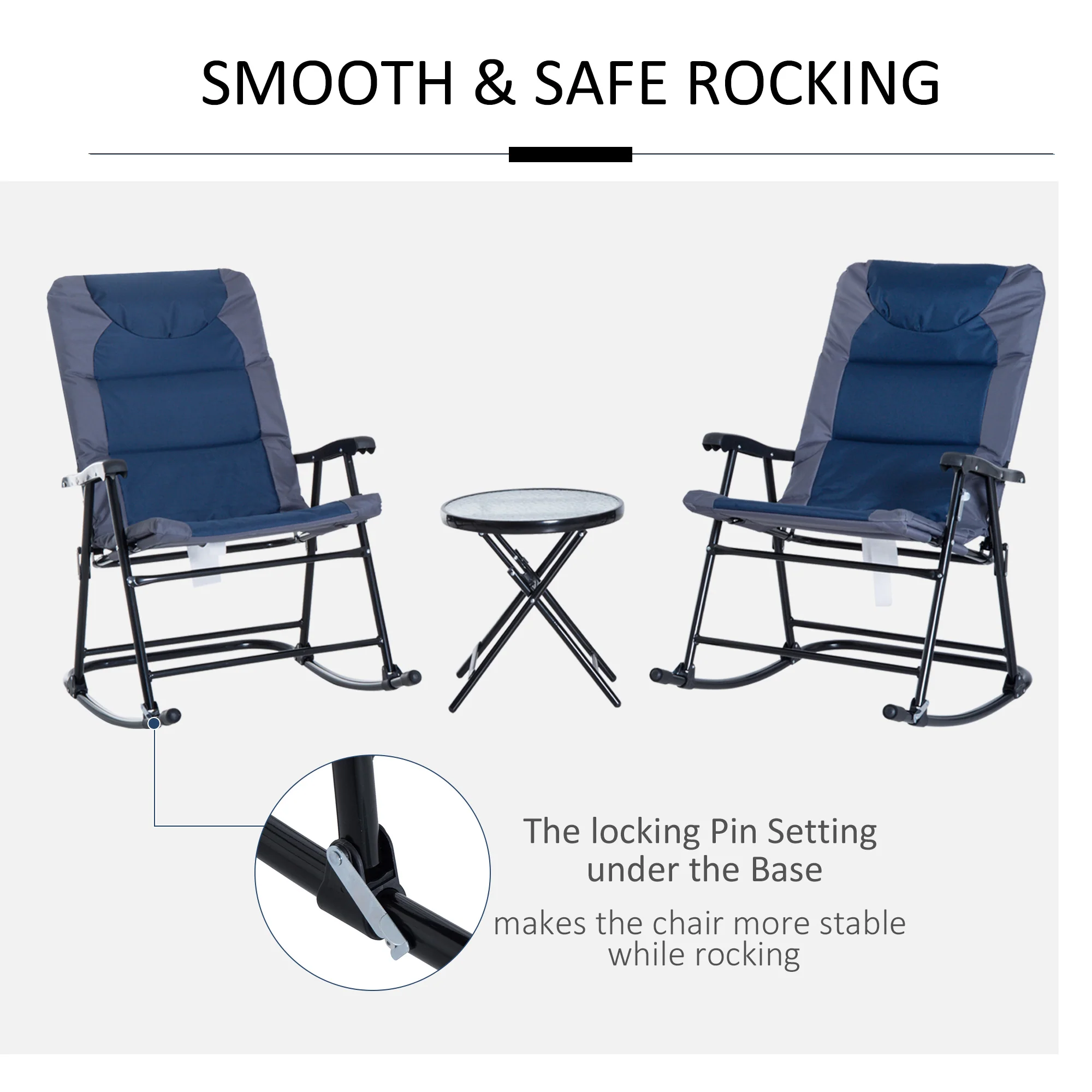 3pc Patio Foldable Rocking Chair Set, Outdoor Rocking Chairs and Table Bistro Set, Blue - Image 10