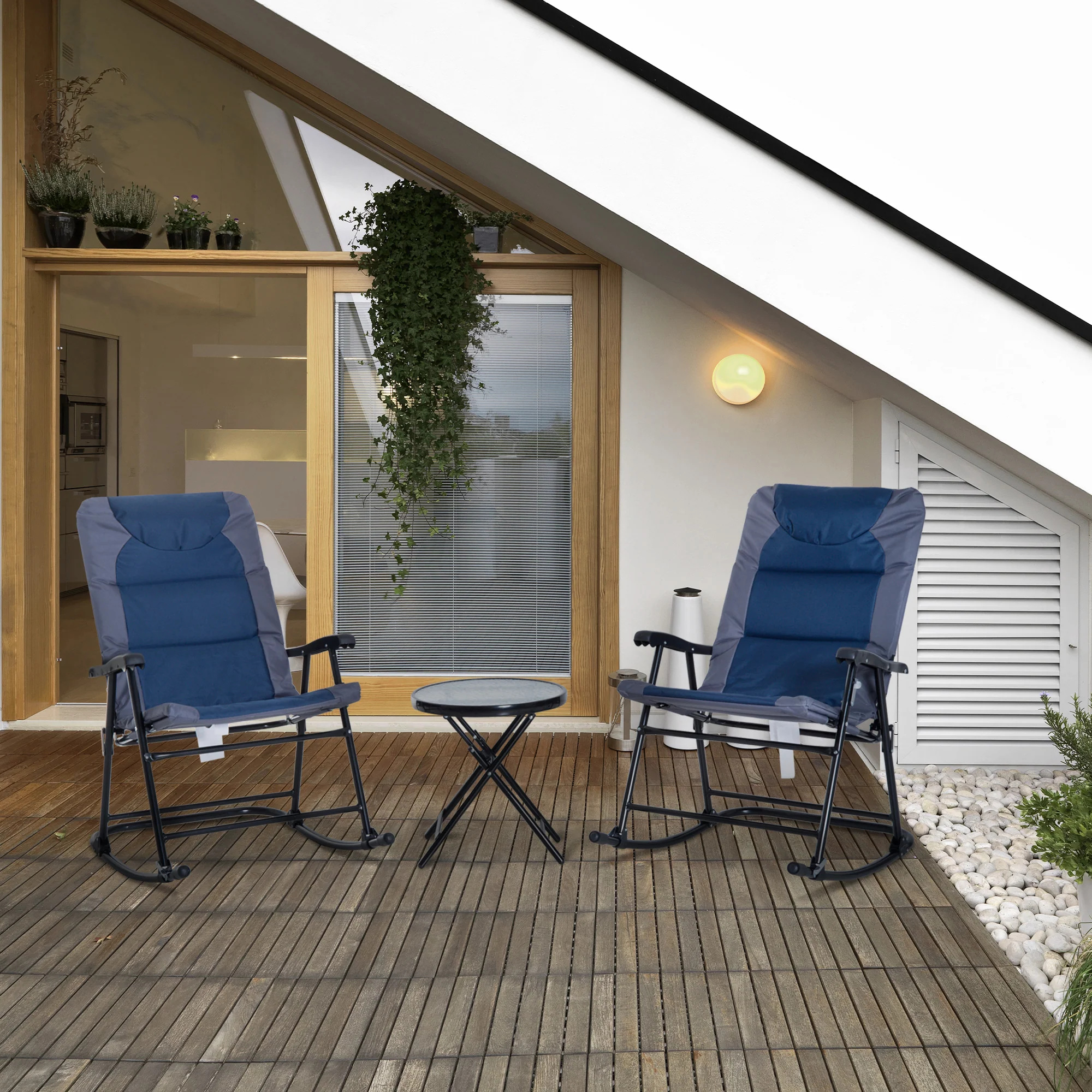 3pc Patio Foldable Rocking Chair Set, Outdoor Rocking Chairs and Table Bistro Set, Blue - Image 3