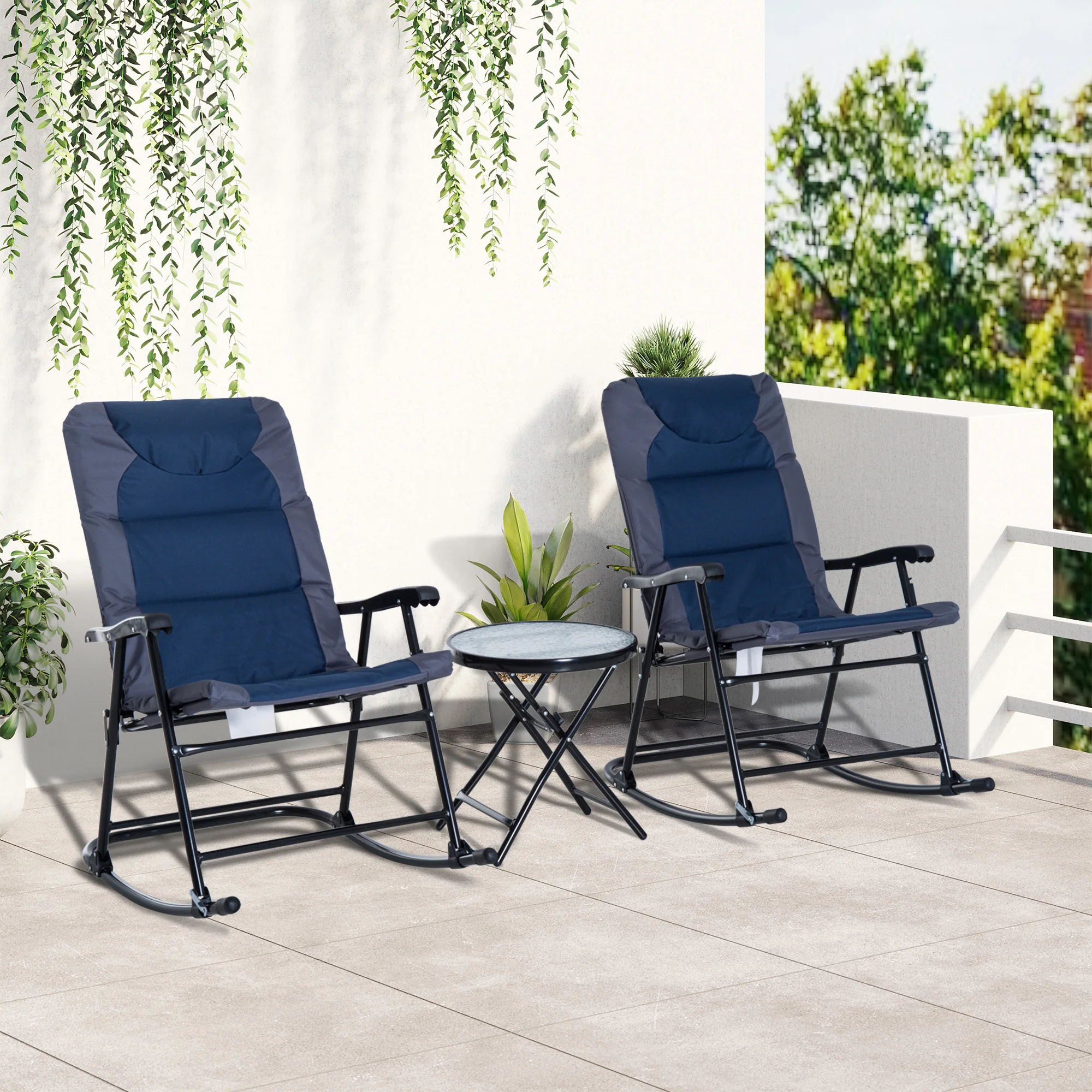 3pc Patio Foldable Rocking Chair Set, Outdoor Rocking Chairs and Table Bistro Set, Blue - Image 4