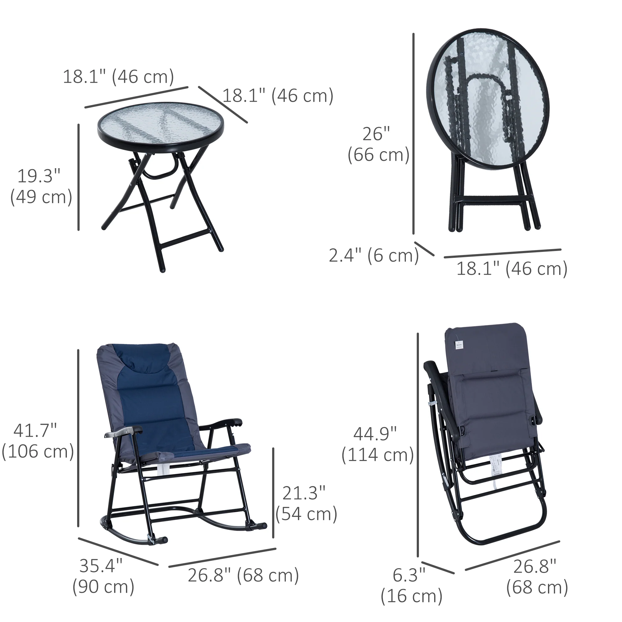 3pc Patio Foldable Rocking Chair Set, Outdoor Rocking Chairs and Table Bistro Set, Blue - Image 5