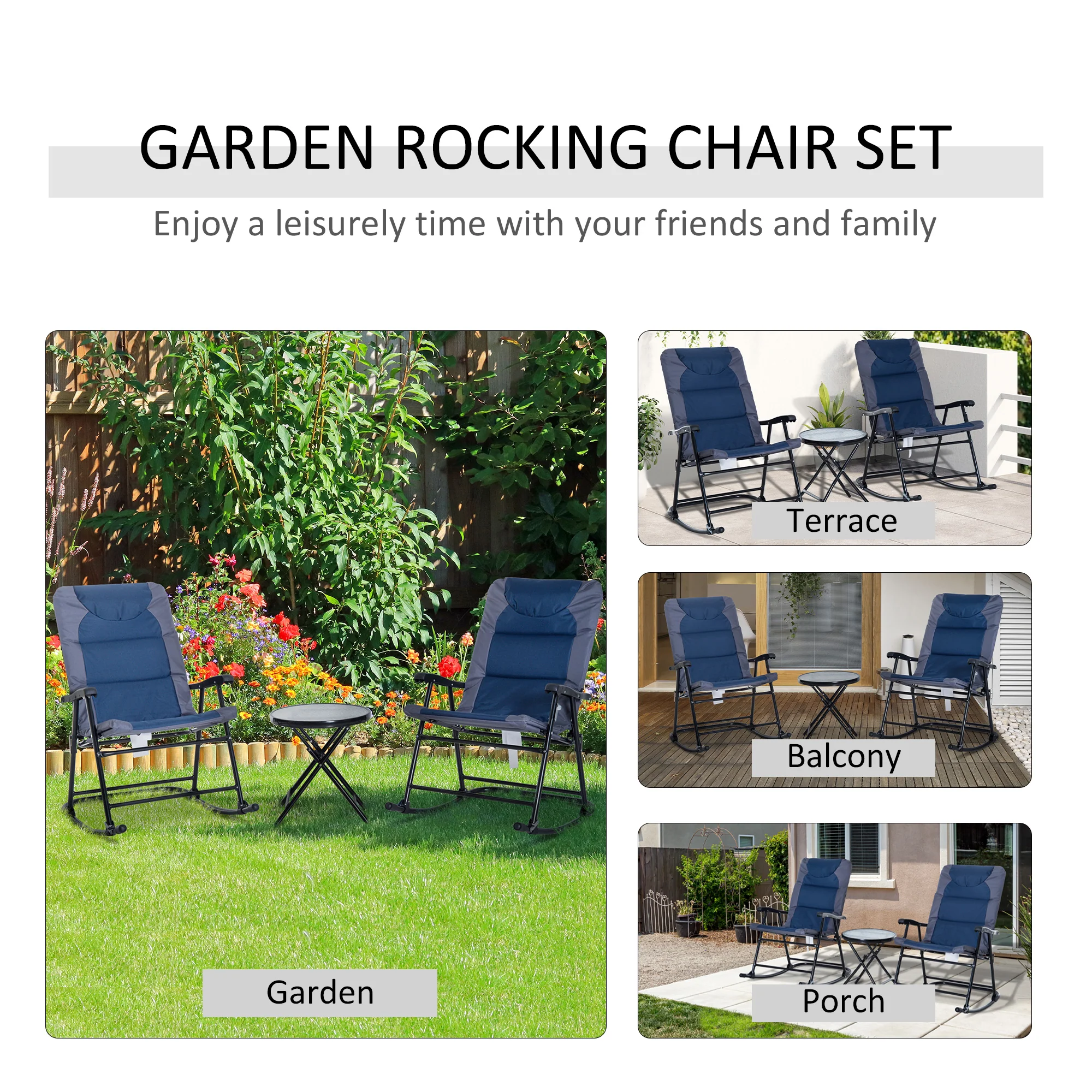 3pc Patio Foldable Rocking Chair Set, Outdoor Rocking Chairs and Table Bistro Set, Blue - Image 6