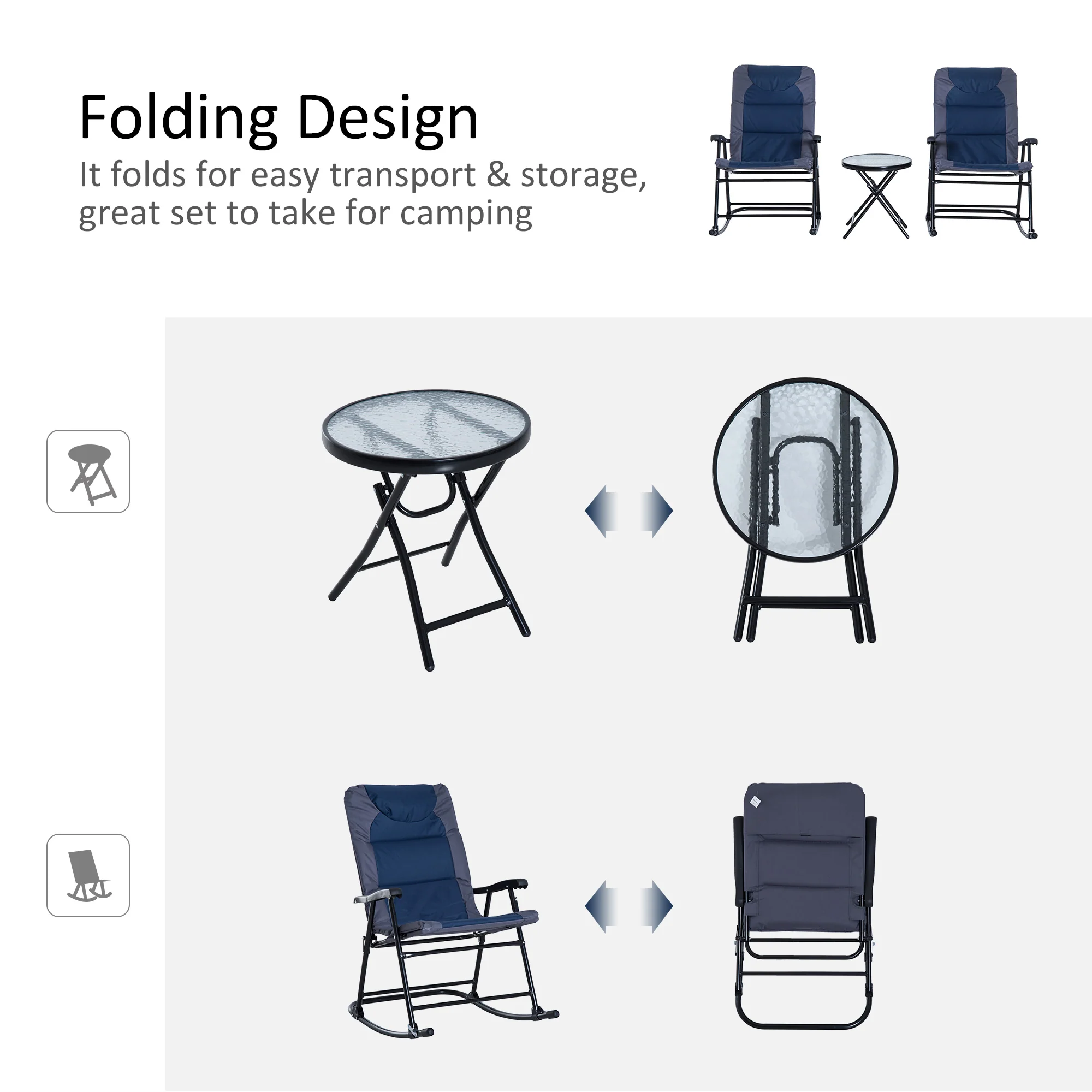 3pc Patio Foldable Rocking Chair Set, Outdoor Rocking Chairs and Table Bistro Set, Blue - Image 8