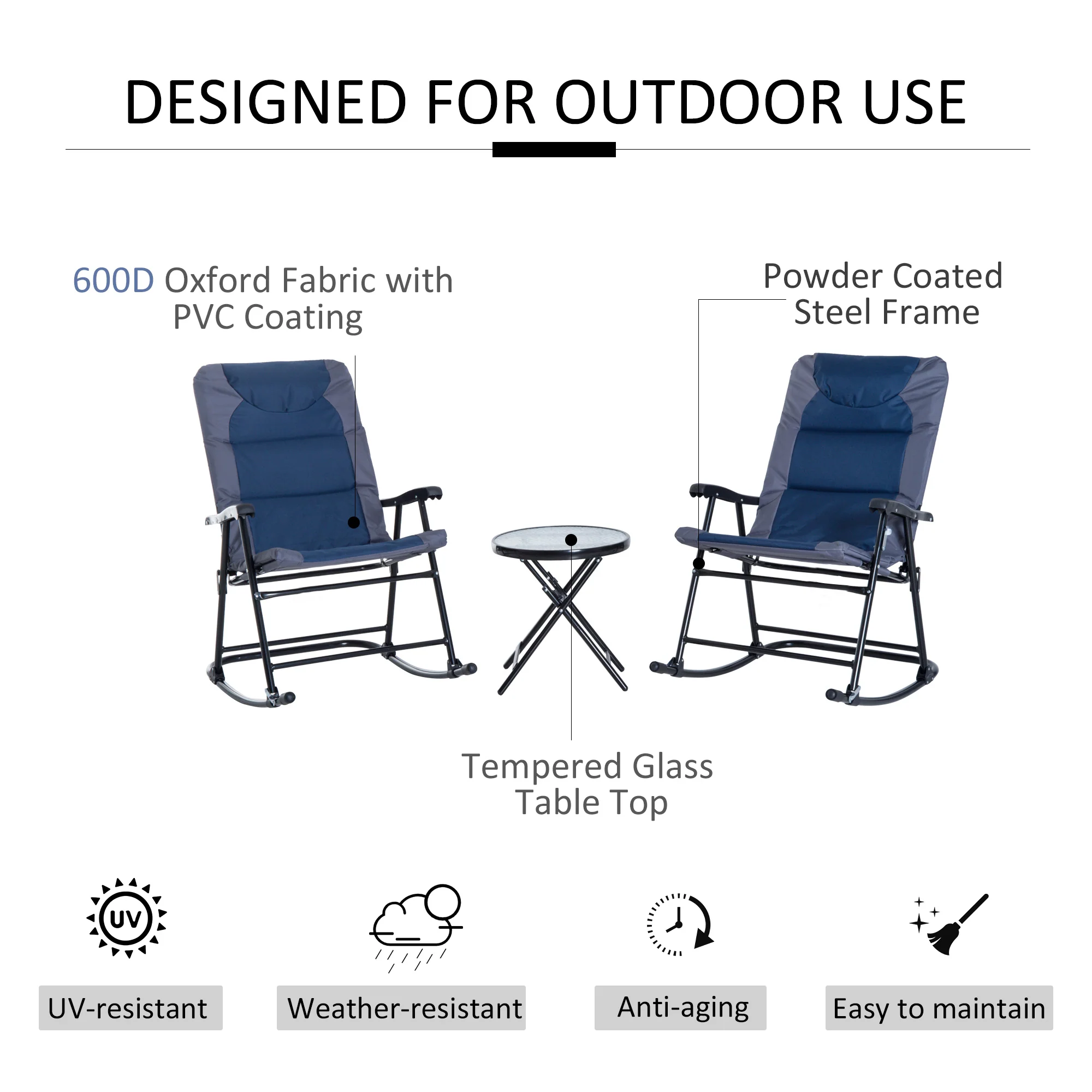 3pc Patio Foldable Rocking Chair Set, Outdoor Rocking Chairs and Table Bistro Set, Blue - Image 9