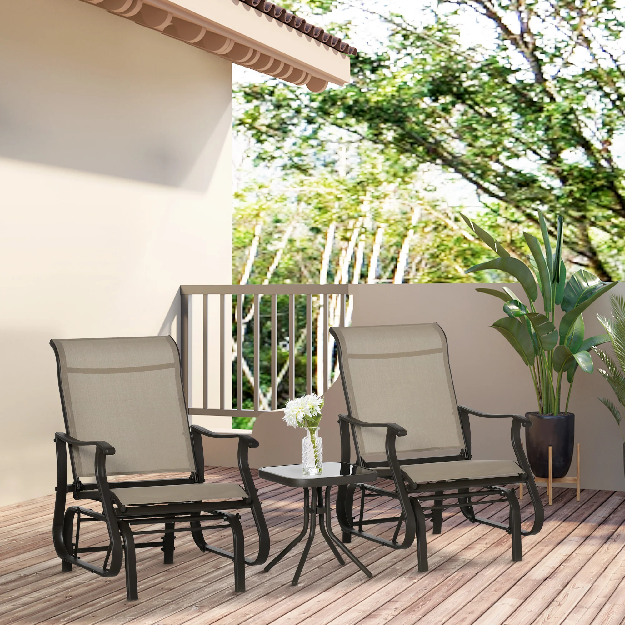 3 Piece Gliding Rocking Chair w/ Mesh Seat & Bistro Tea Table w/ Glass Top, Grey - Image 3