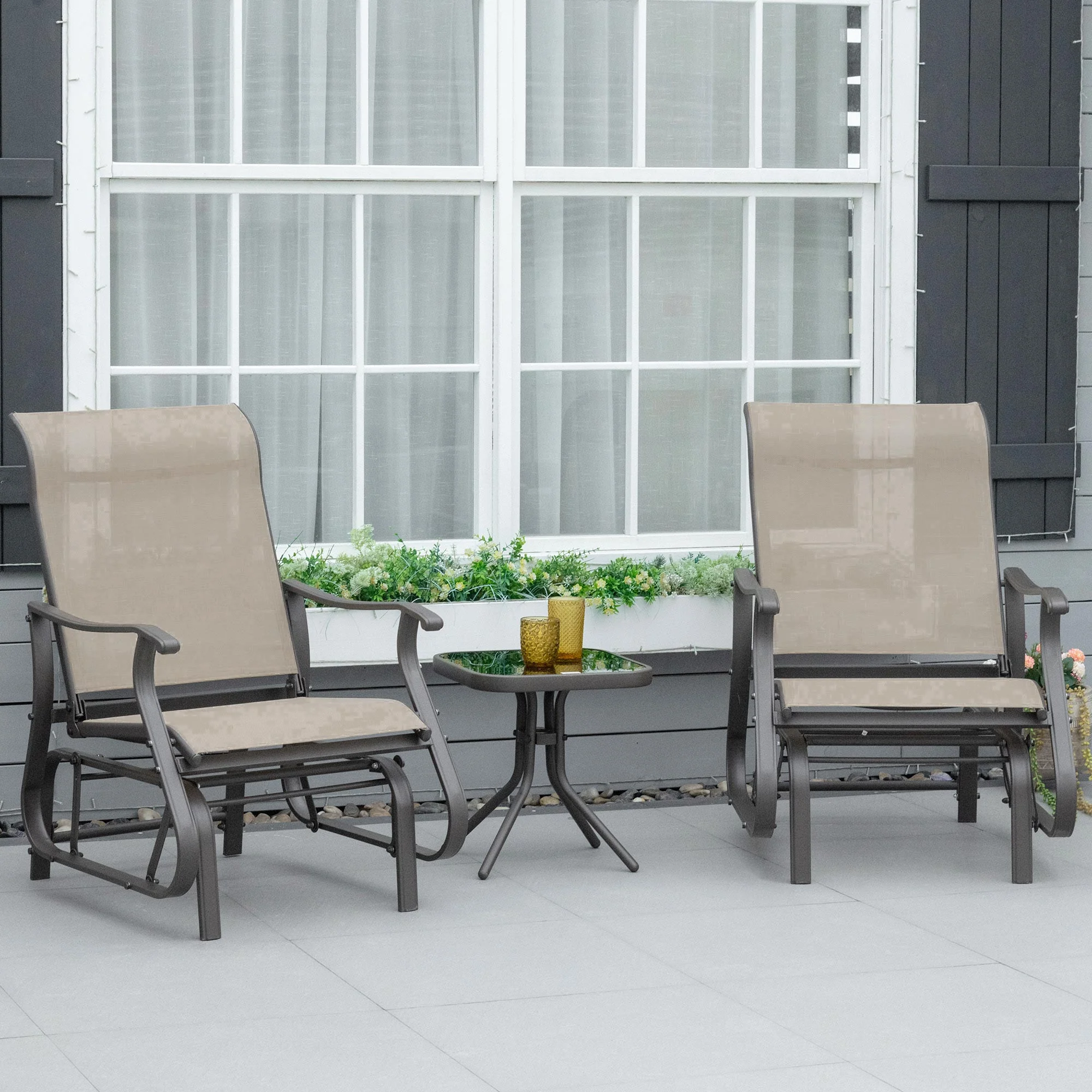 3 Piece Gliding Rocking Chair w/ Mesh Seat & Bistro Tea Table w/ Glass Top, Grey - Image 4