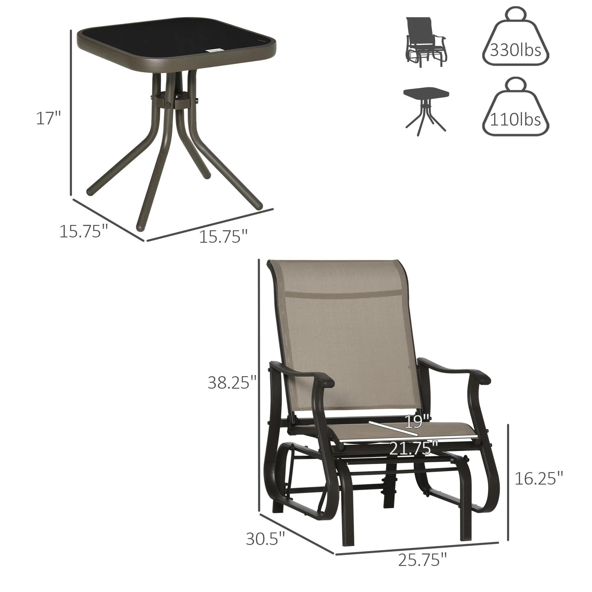 3 Piece Gliding Rocking Chair w/ Mesh Seat & Bistro Tea Table w/ Glass Top, Grey - Image 5