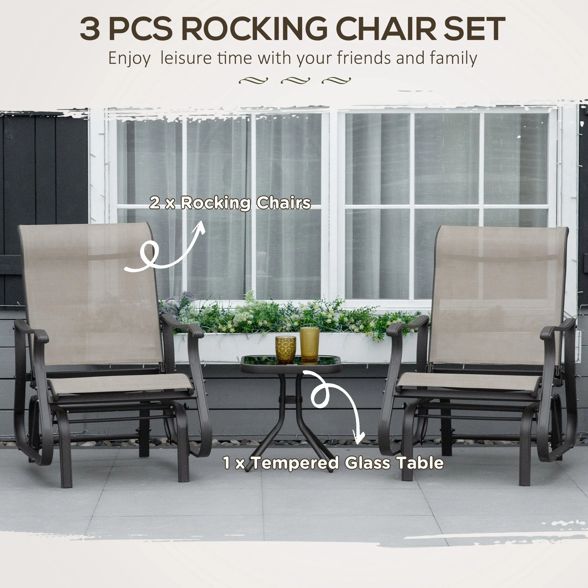 3 Piece Gliding Rocking Chair w/ Mesh Seat & Bistro Tea Table w/ Glass Top, Grey - Image 6