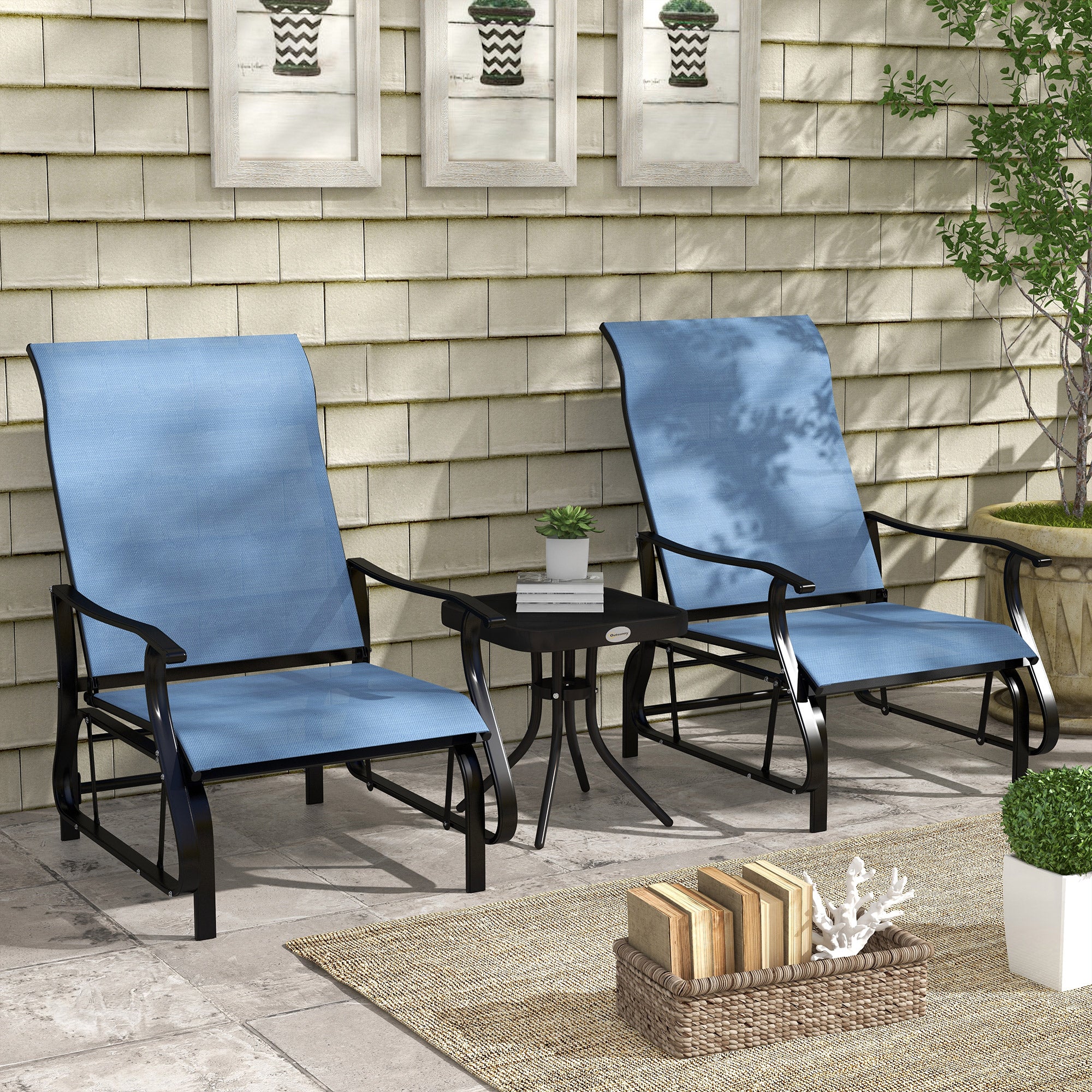 3 Piece Gliding Rocking Chair w/ Mesh Seat & Bistro Tea Table w/ Glass Top, Light Blue - Image 3