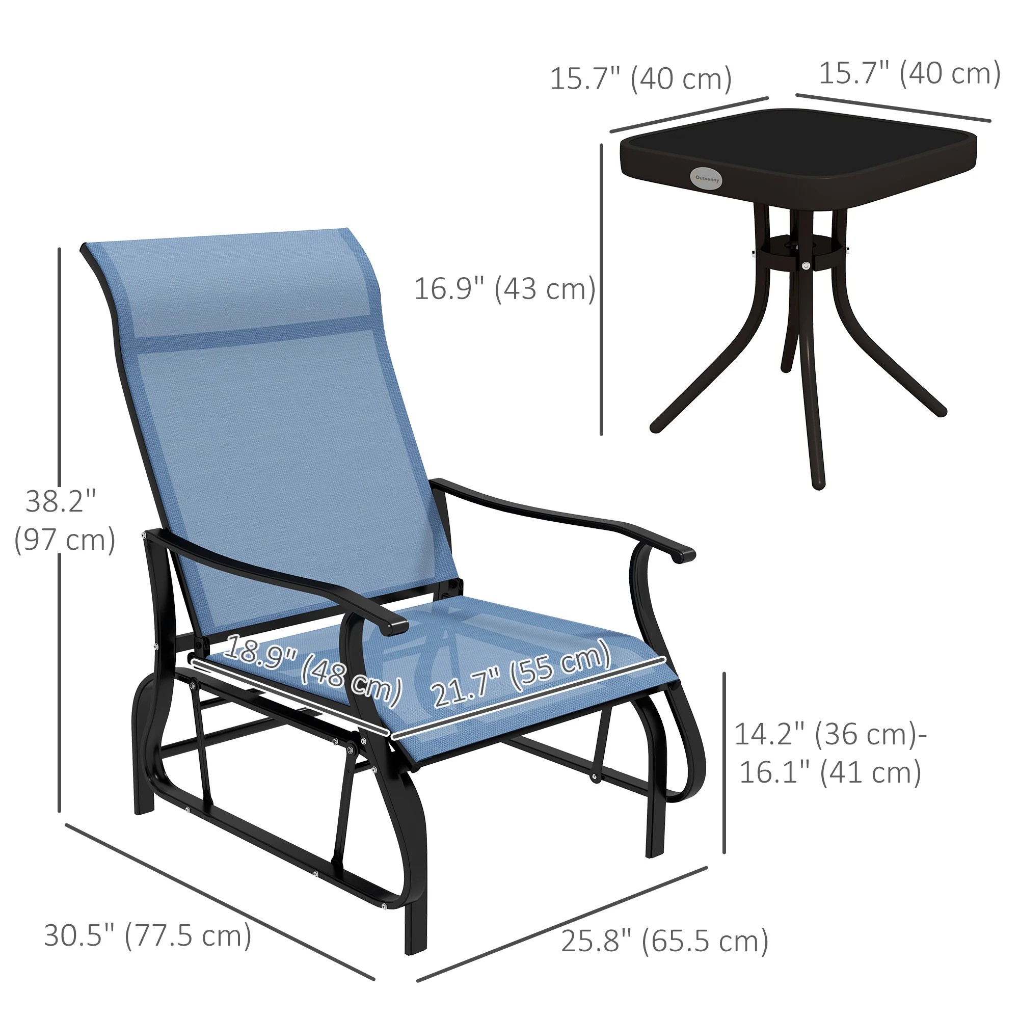 3 Piece Gliding Rocking Chair w/ Mesh Seat & Bistro Tea Table w/ Glass Top, Light Blue - Image 5