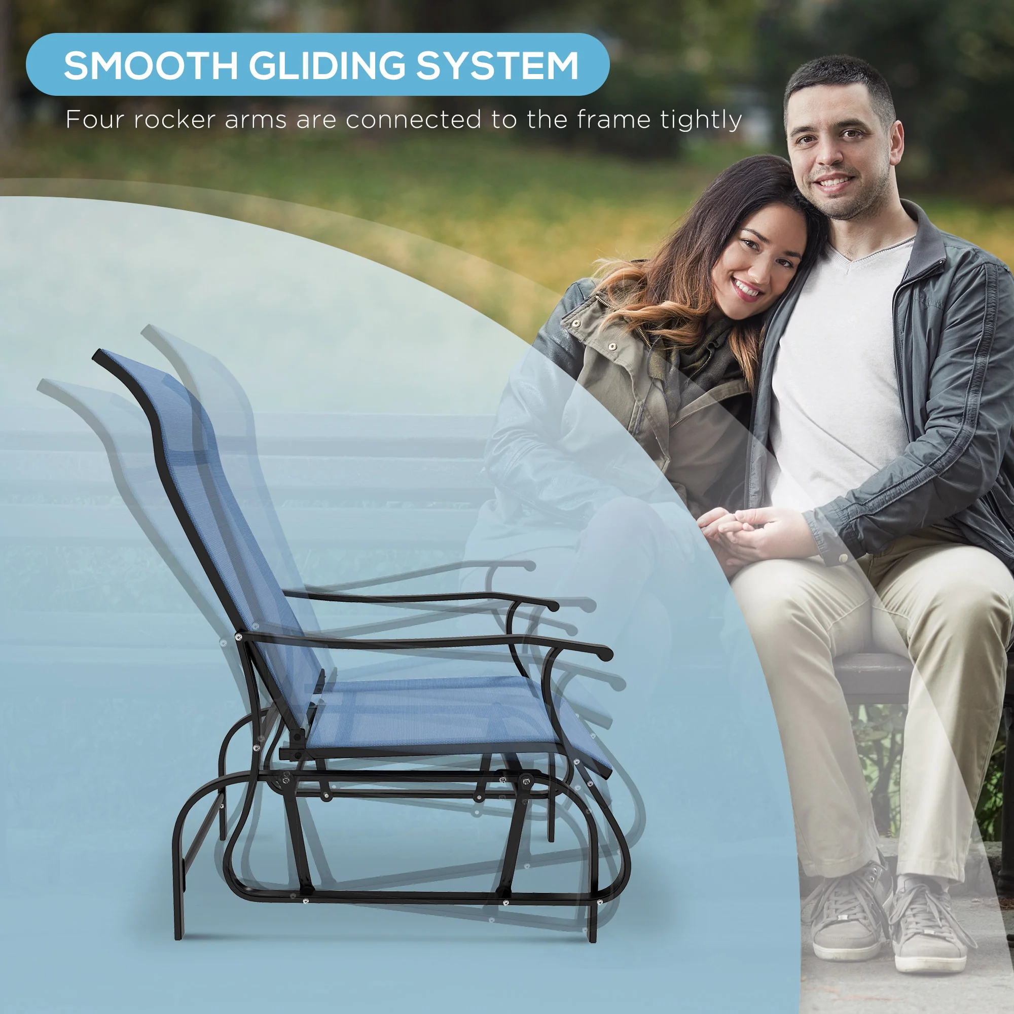 3 Piece Gliding Rocking Chair w/ Mesh Seat & Bistro Tea Table w/ Glass Top, Light Blue - Image 8