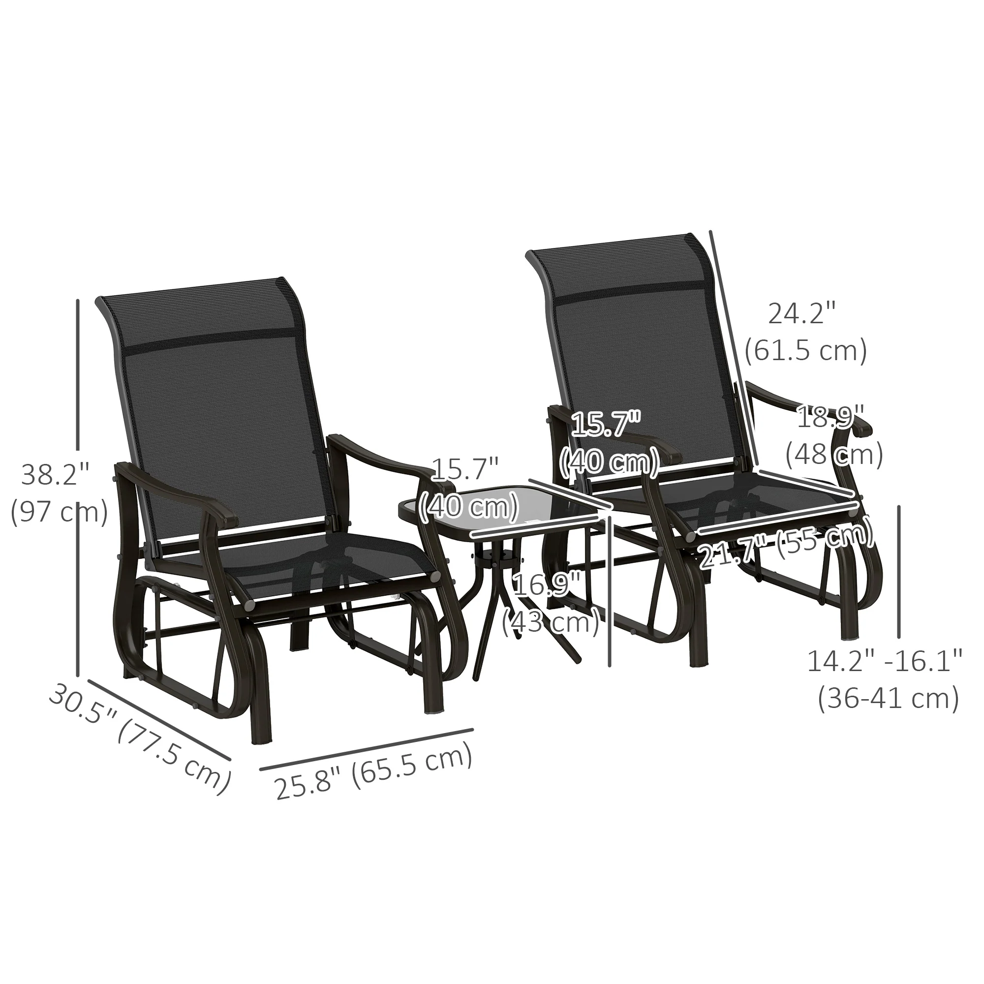 3 Piece Gliding Rocking Chair w/ Mesh Seat & Bistro Tea Table w/ Glass Top, Black - Image 5