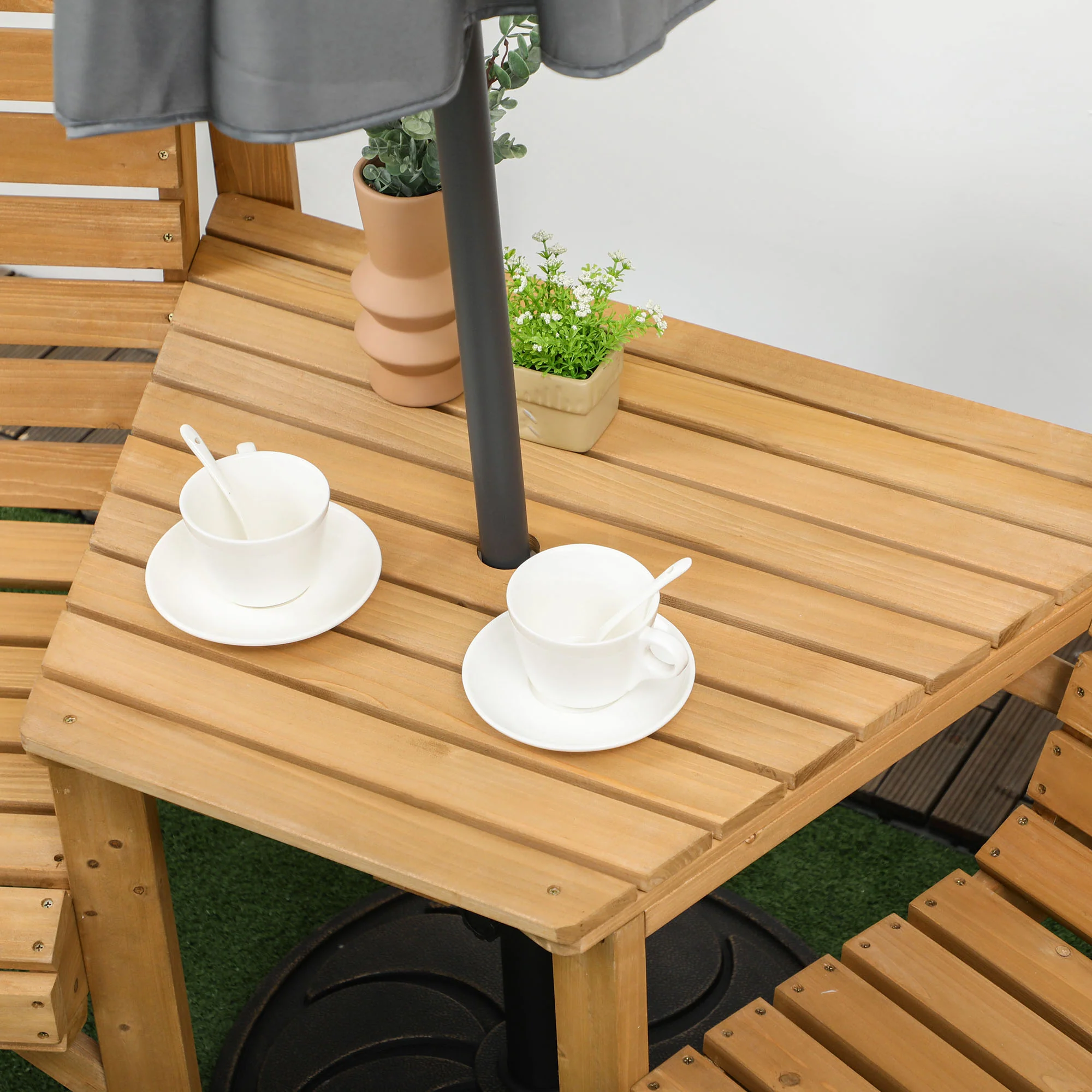 3Pcs Outdoor Bench Set, Wooden Garden Seat & Side Table with ¦µ6cm Umbrella Hole, Light Brown - Image 11