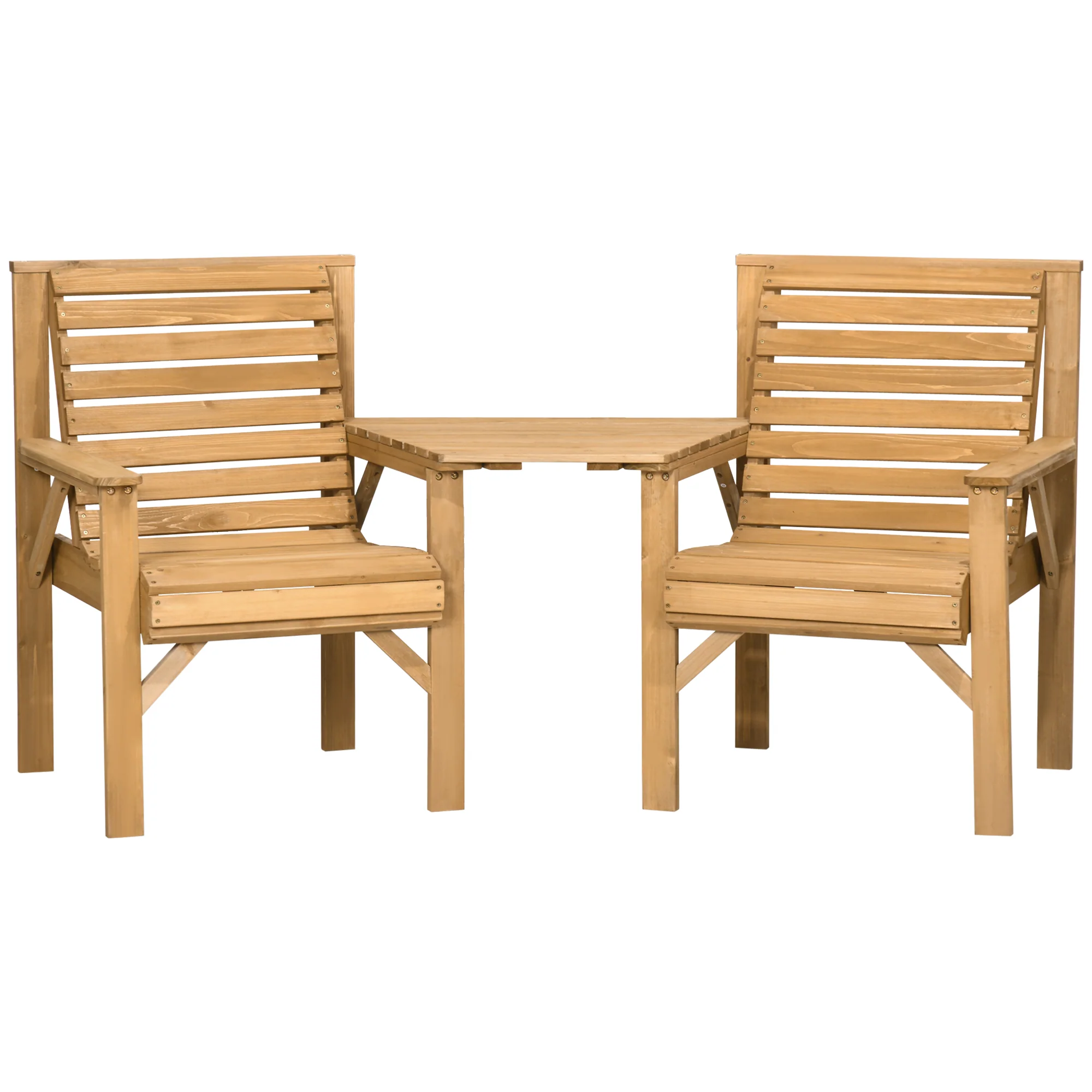 3Pcs Outdoor Bench Set, Wooden Garden Seat & Side Table with ¦µ6cm Umbrella Hole, Light Brown - Image 2