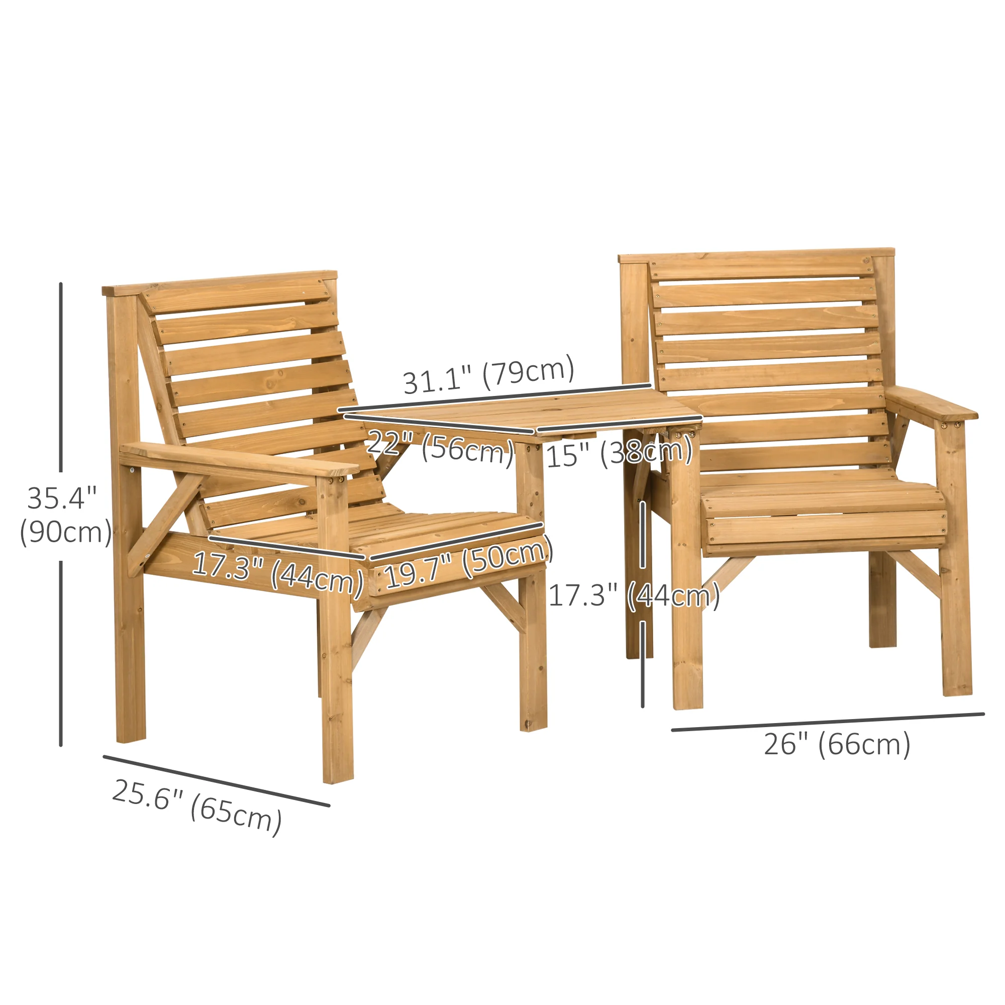 3Pcs Outdoor Bench Set, Wooden Garden Seat & Side Table with ¦µ6cm Umbrella Hole, Light Brown - Image 5