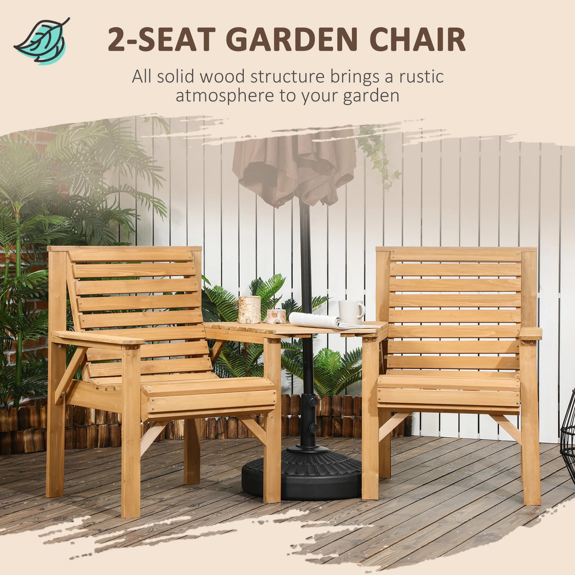 3Pcs Outdoor Bench Set, Wooden Garden Seat & Side Table with ¦µ6cm Umbrella Hole, Light Brown - Image 6