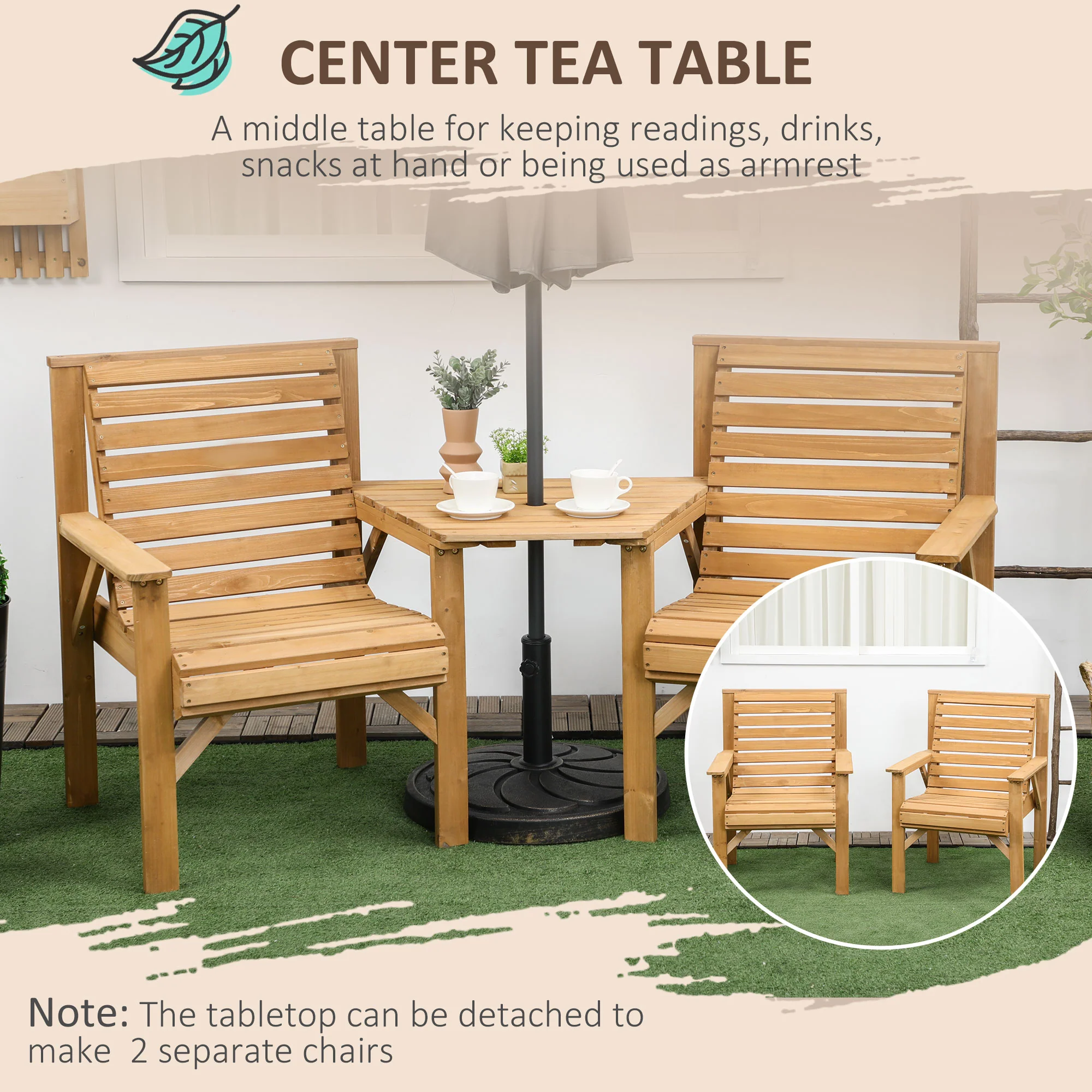 3Pcs Outdoor Bench Set, Wooden Garden Seat & Side Table with ¦µ6cm Umbrella Hole, Light Brown - Image 8