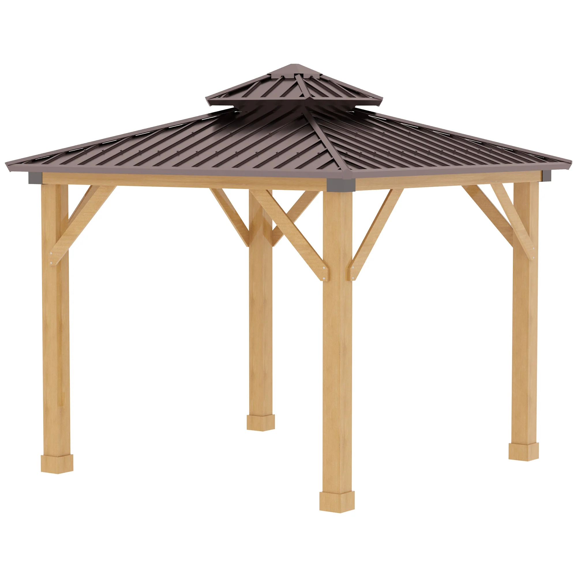 3 x 3m Hardtop Gazebo Canopy with 2-Tier Roof and Solid Wood Frame for Patio, Garden, Brown - Image 2