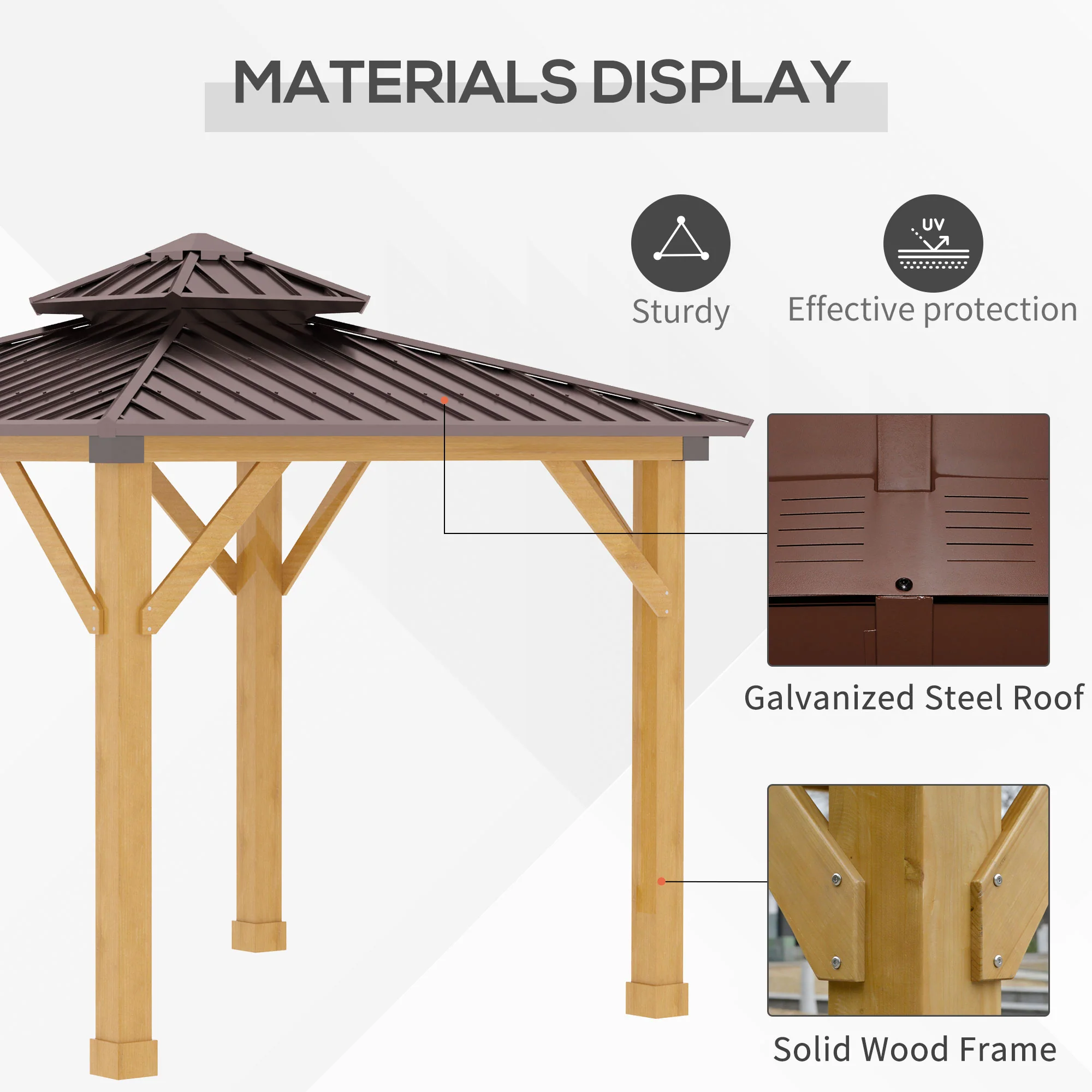 3 x 3m Hardtop Gazebo Canopy with 2-Tier Roof and Solid Wood Frame for Patio, Garden, Brown - Image 6