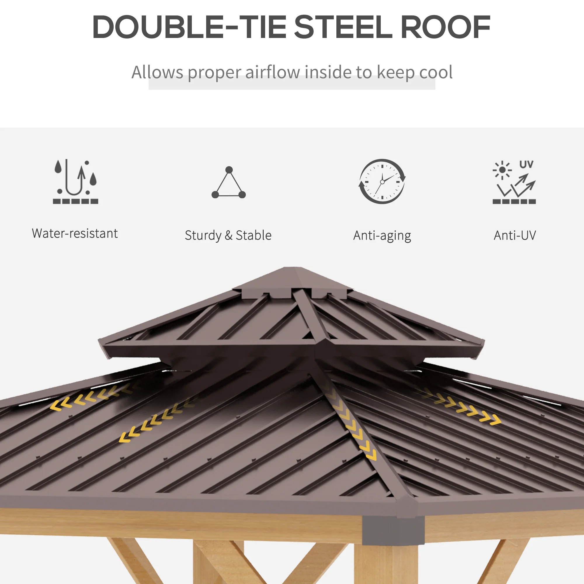 3 x 3m Hardtop Gazebo Canopy with 2-Tier Roof and Solid Wood Frame for Patio, Garden, Brown - Image 8