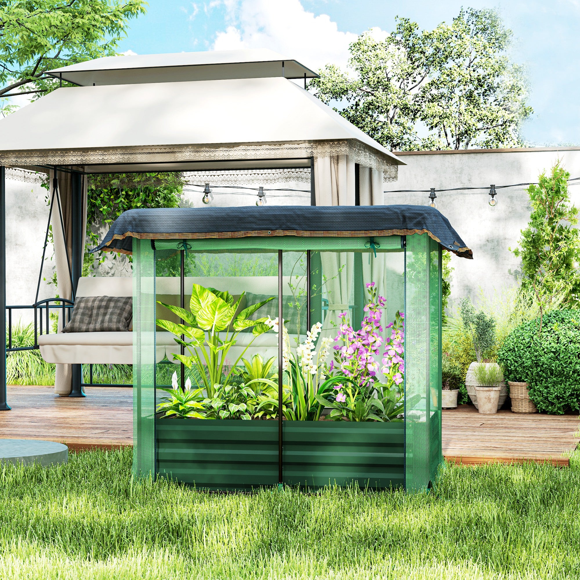 4.1' x 2.1' Galvanized Raised Garden Bed with Cover, Crop Cage with Shade Cloth, Green - Image 3