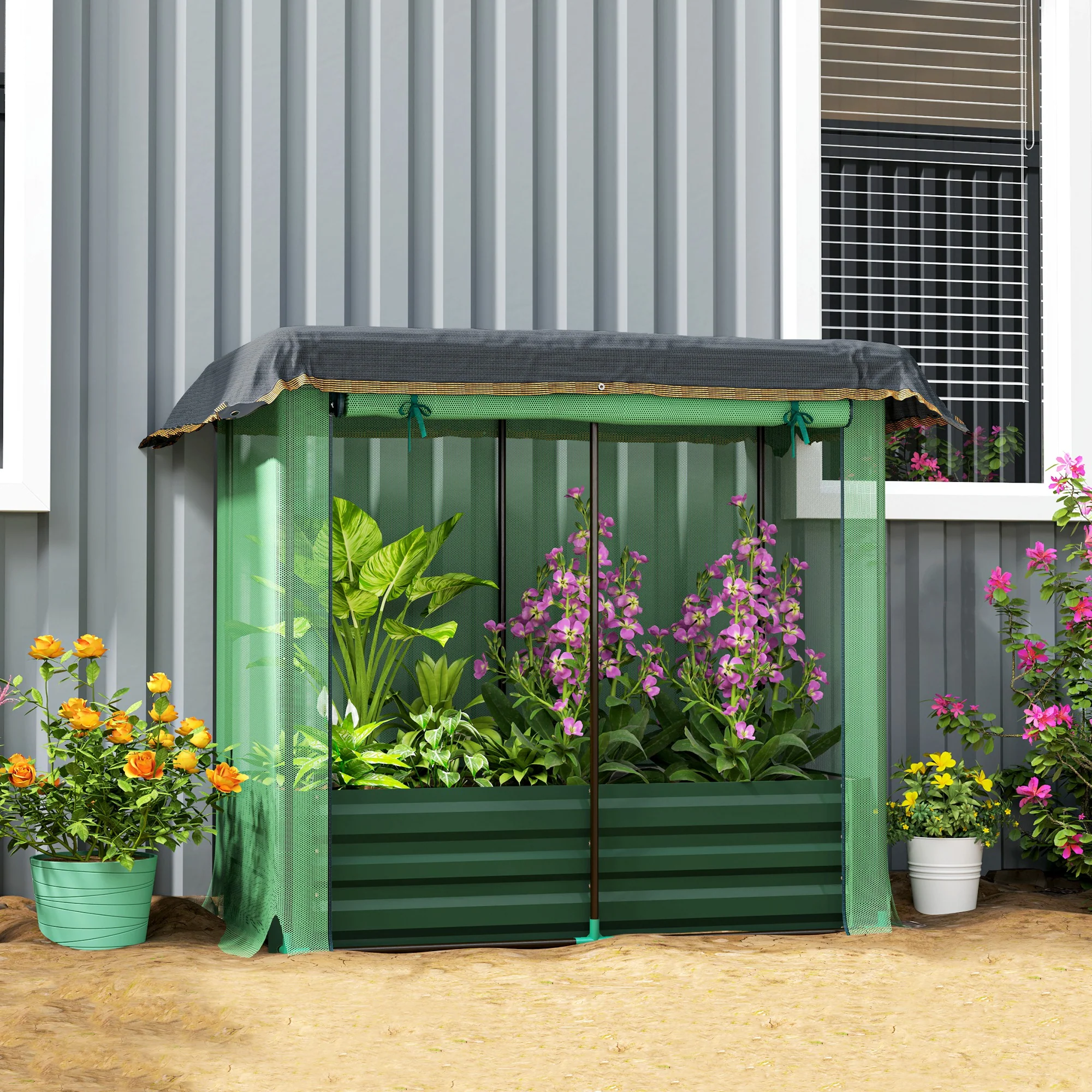 4.1' x 2.1' Galvanized Raised Garden Bed with Cover, Crop Cage with Shade Cloth, Green - Image 4