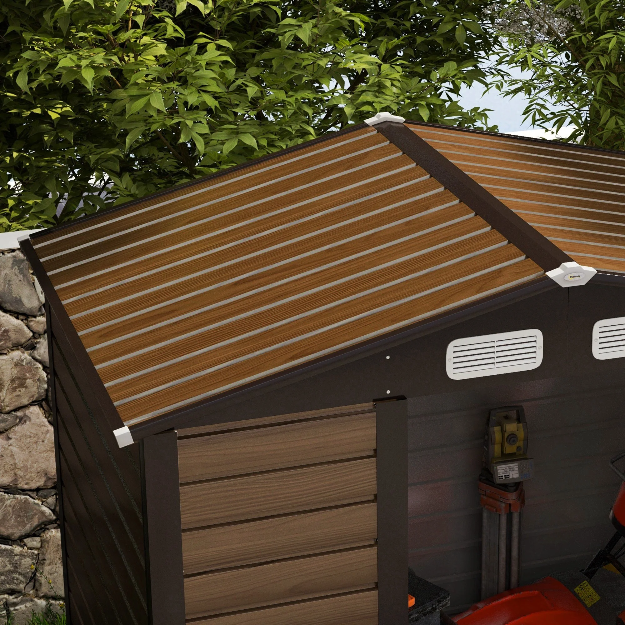 4.3 x 6.2 ft Garden Shed w/ Ventilation Slots, Lockable Door and Gloves for Garden, Patio, Oak - Image 11