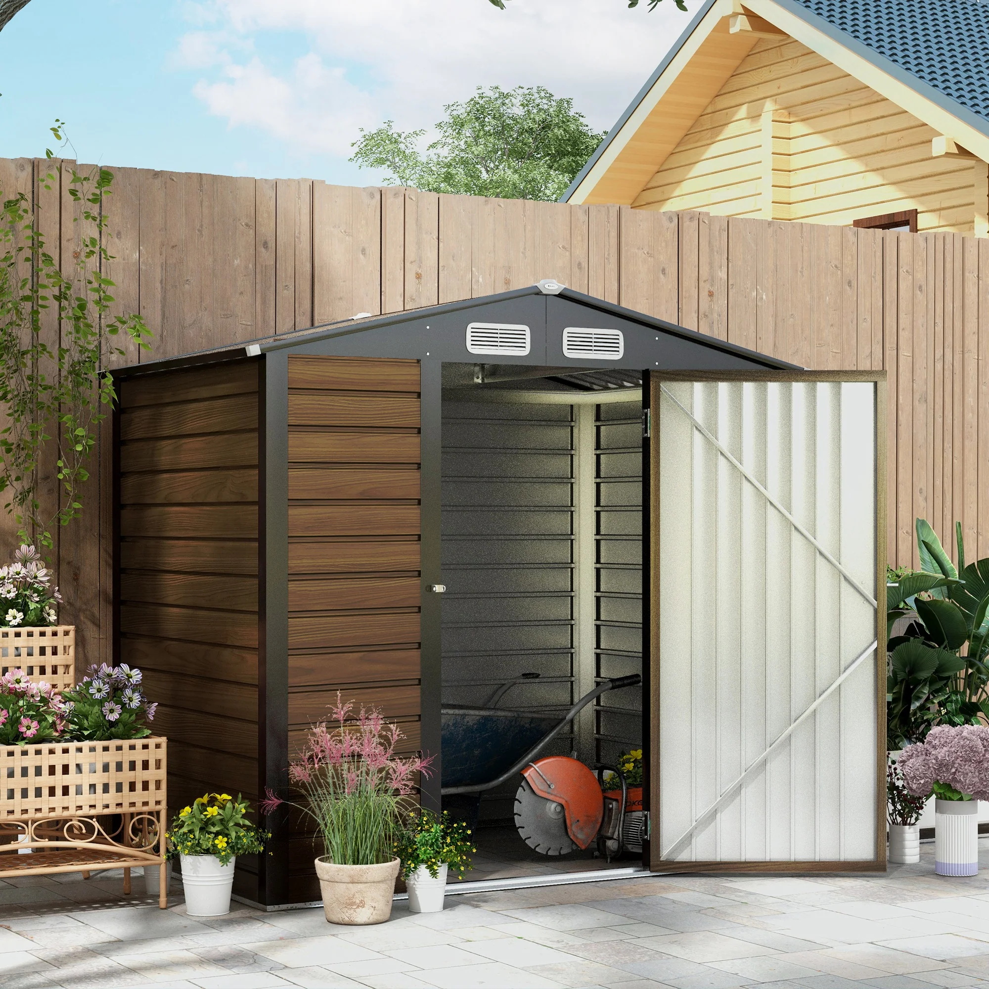 4.3 x 6.2 ft Garden Shed w/ Ventilation Slots, Lockable Door and Gloves for Garden, Patio, Oak - Image 3