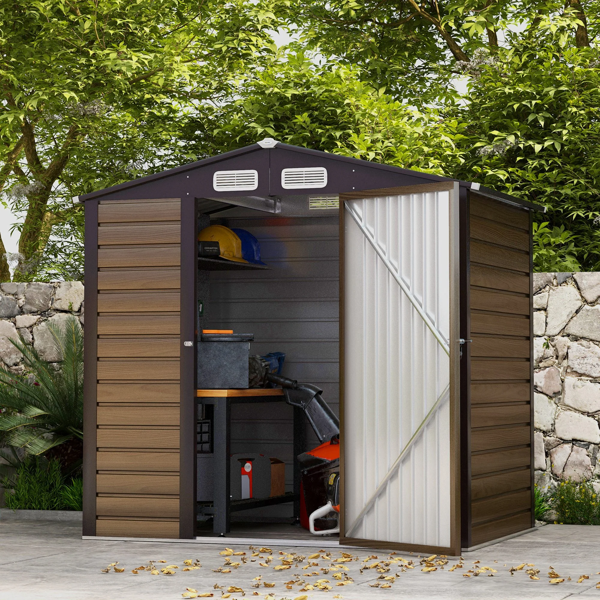 4.3 x 6.2 ft Garden Shed w/ Ventilation Slots, Lockable Door and Gloves for Garden, Patio, Oak - Image 4