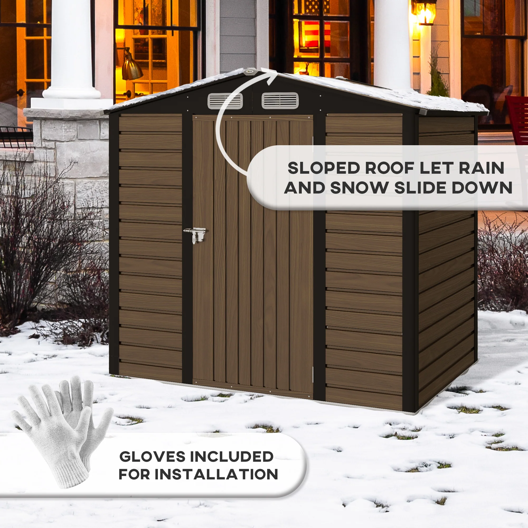 4.3 x 6.2 ft Garden Shed w/ Ventilation Slots, Lockable Door and Gloves for Garden, Patio, Oak - Image 9
