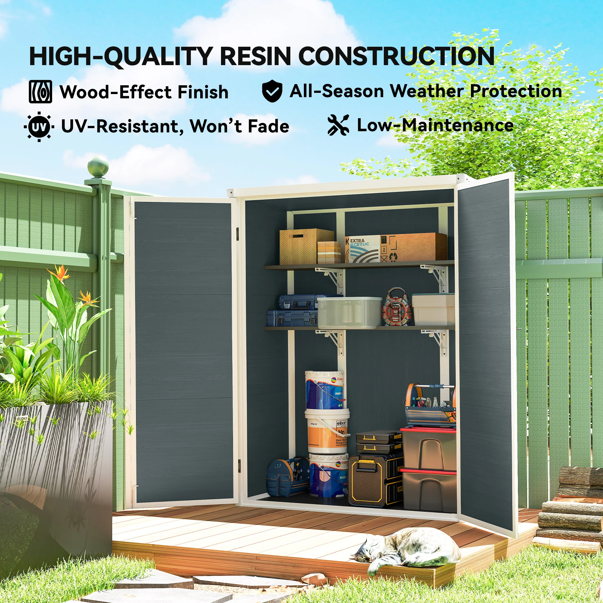 4.4' x 2.3' Plastic Garden Shed with Shelves and Floor, Distressed Grey - Image 10