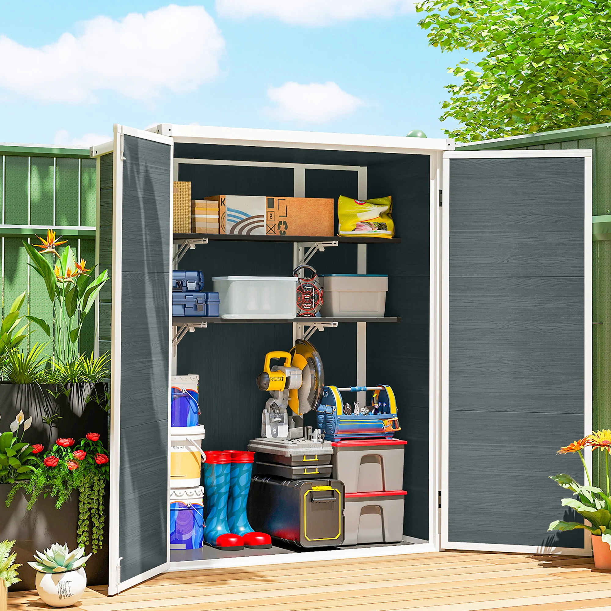 4.4' x 2.3' Plastic Garden Shed with Shelves and Floor, Distressed Grey - Image 3