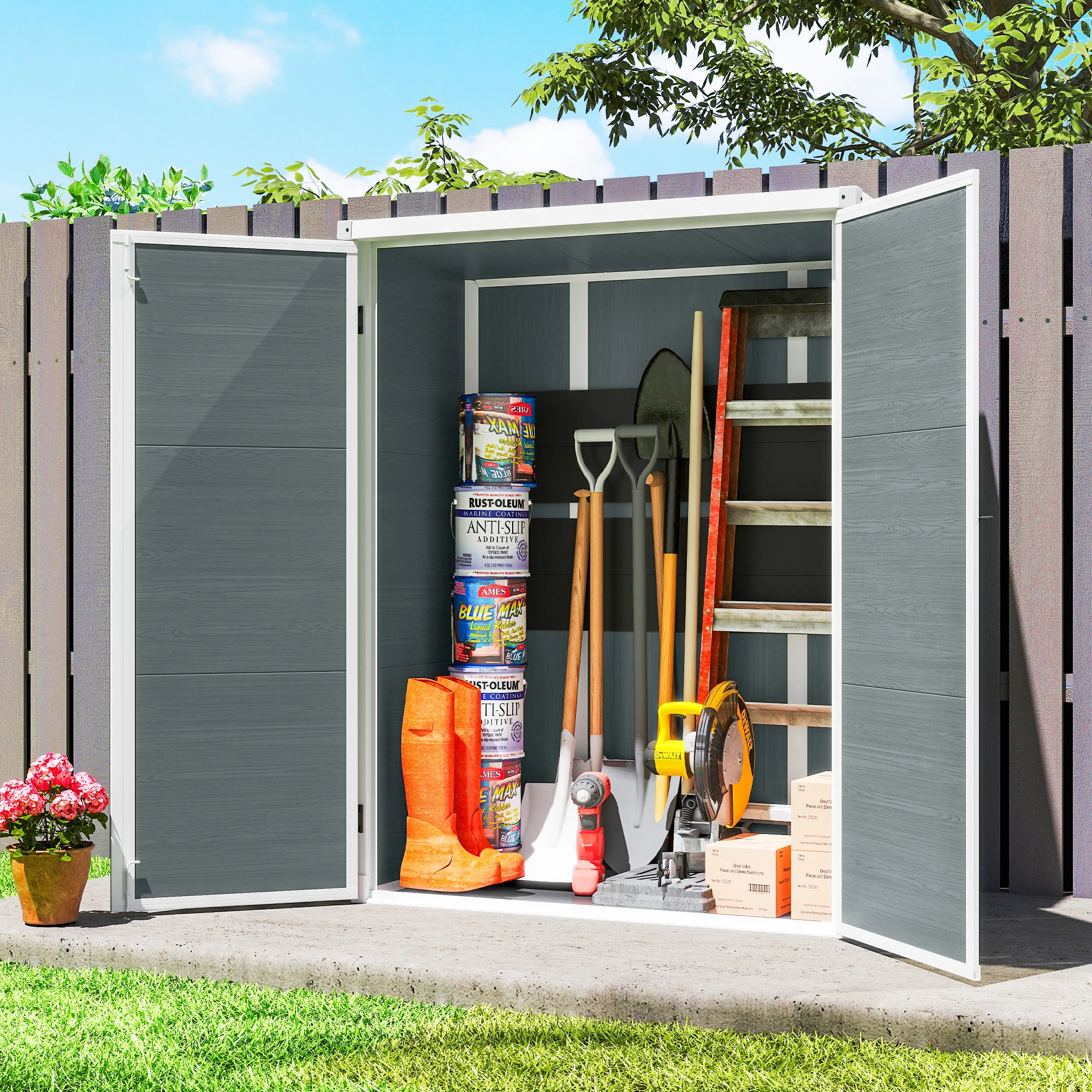 4.4' x 2.3' Plastic Garden Shed with Shelves and Floor, Distressed Grey - Image 4