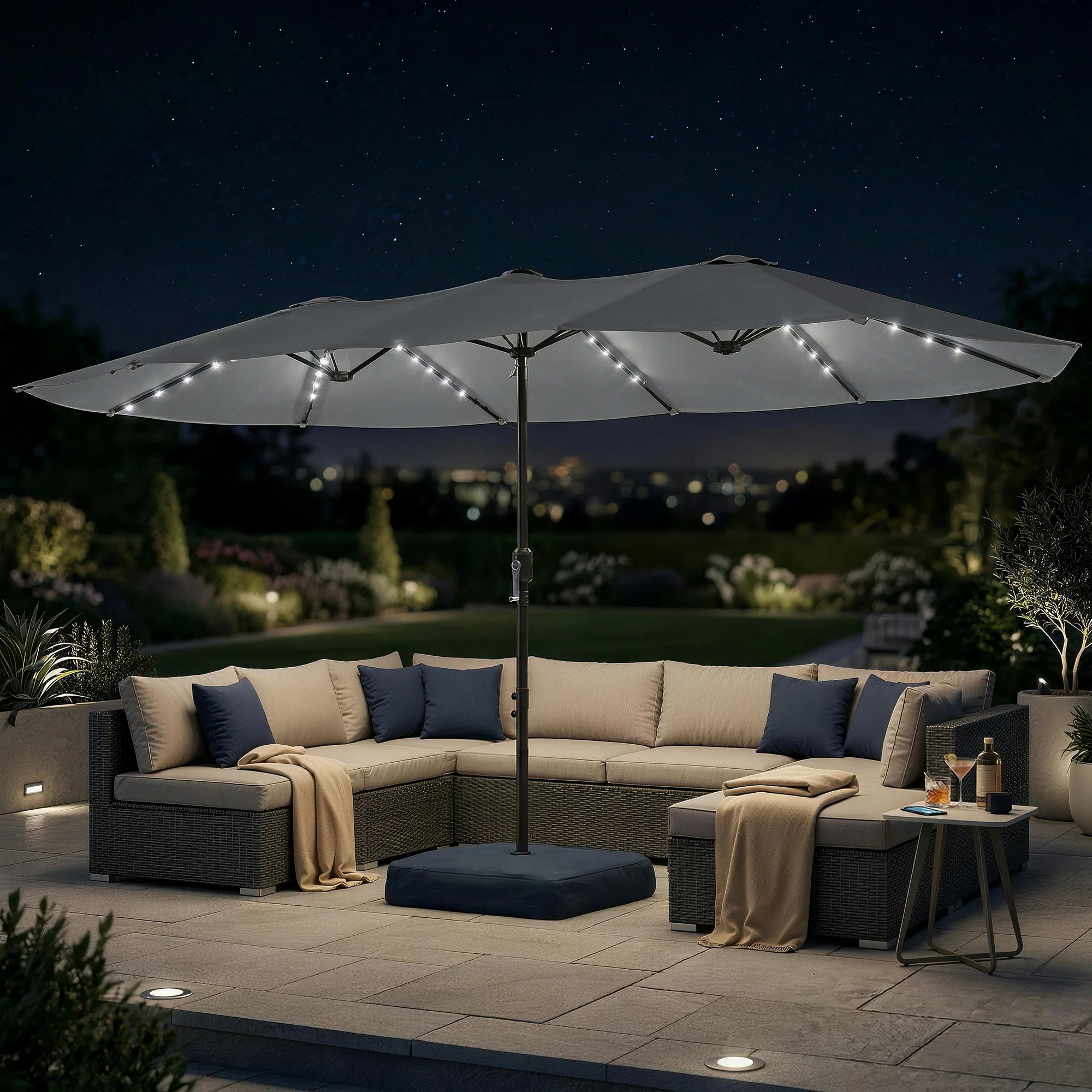4.5 m Double-Sided Garden Parasol with LED Lights, Base & Sandbags, Grey - Image 3