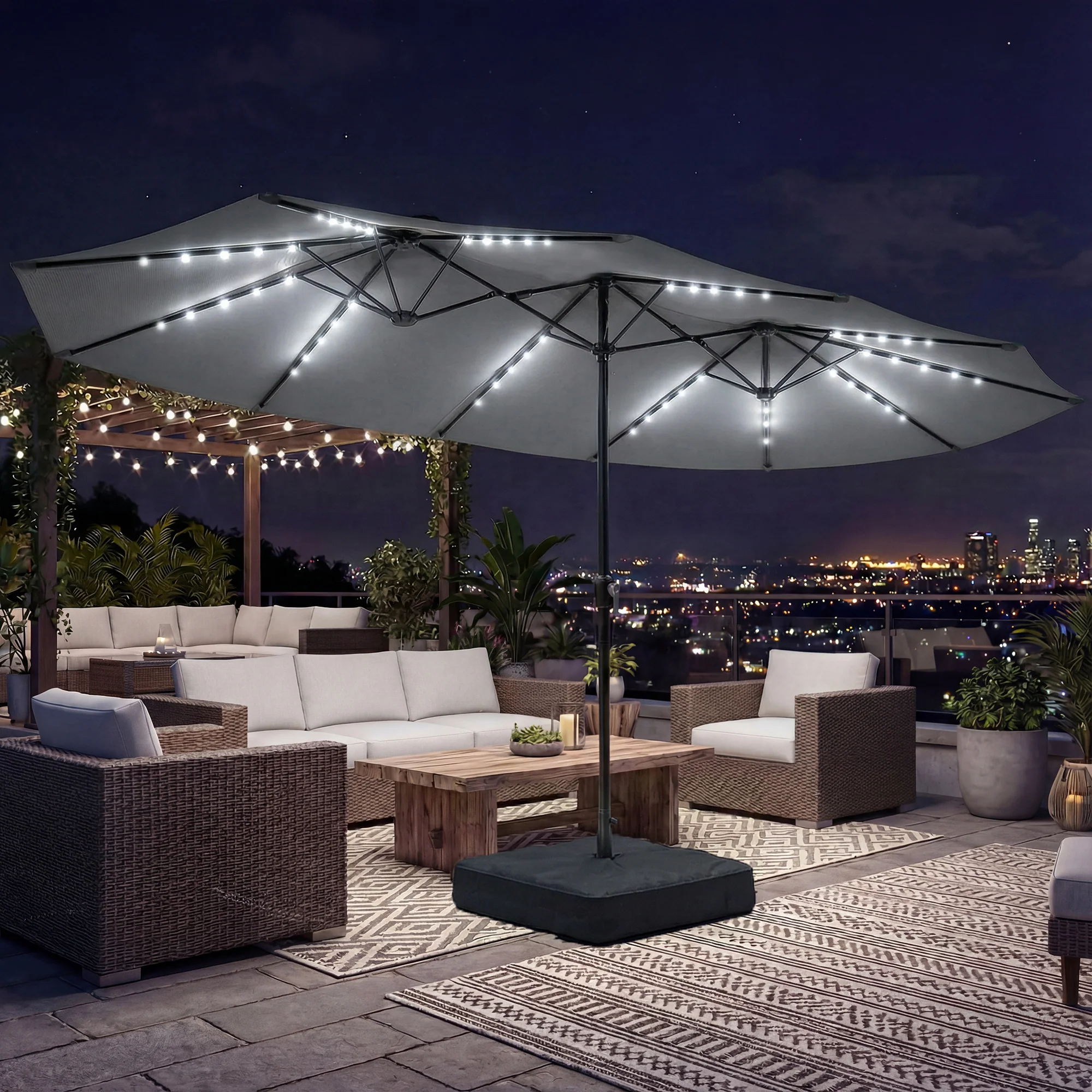 4.5 m Double-Sided Garden Parasol with LED Lights, Base & Sandbags, Grey - Image 4