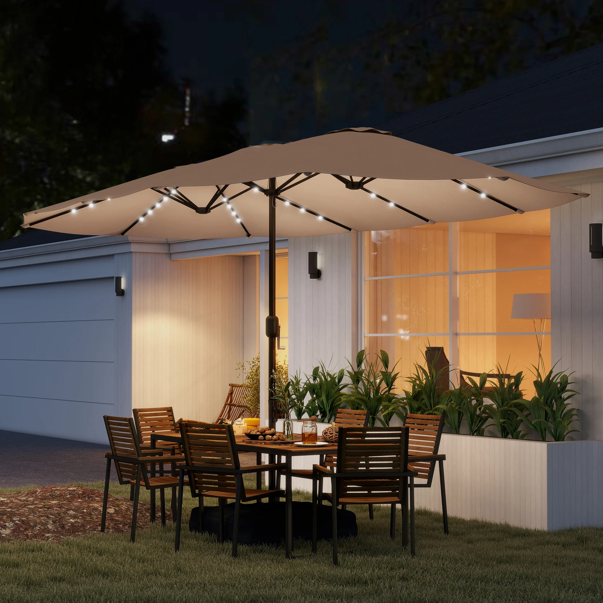 4.5 m Double-Sided Garden Parasol with LED Lights, Base & Sandbags, Khaki - Image 11