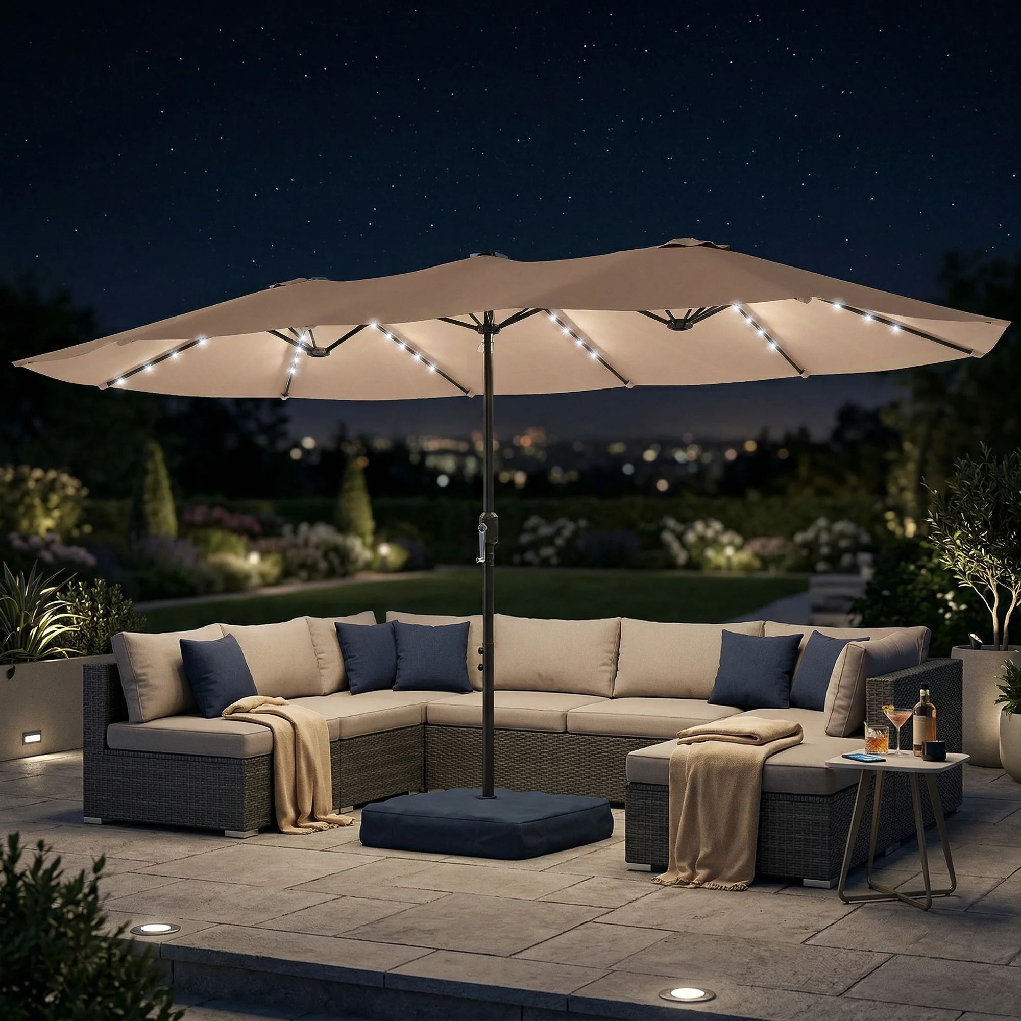 4.5 m Double-Sided Garden Parasol with LED Lights, Base & Sandbags, Khaki - Image 3