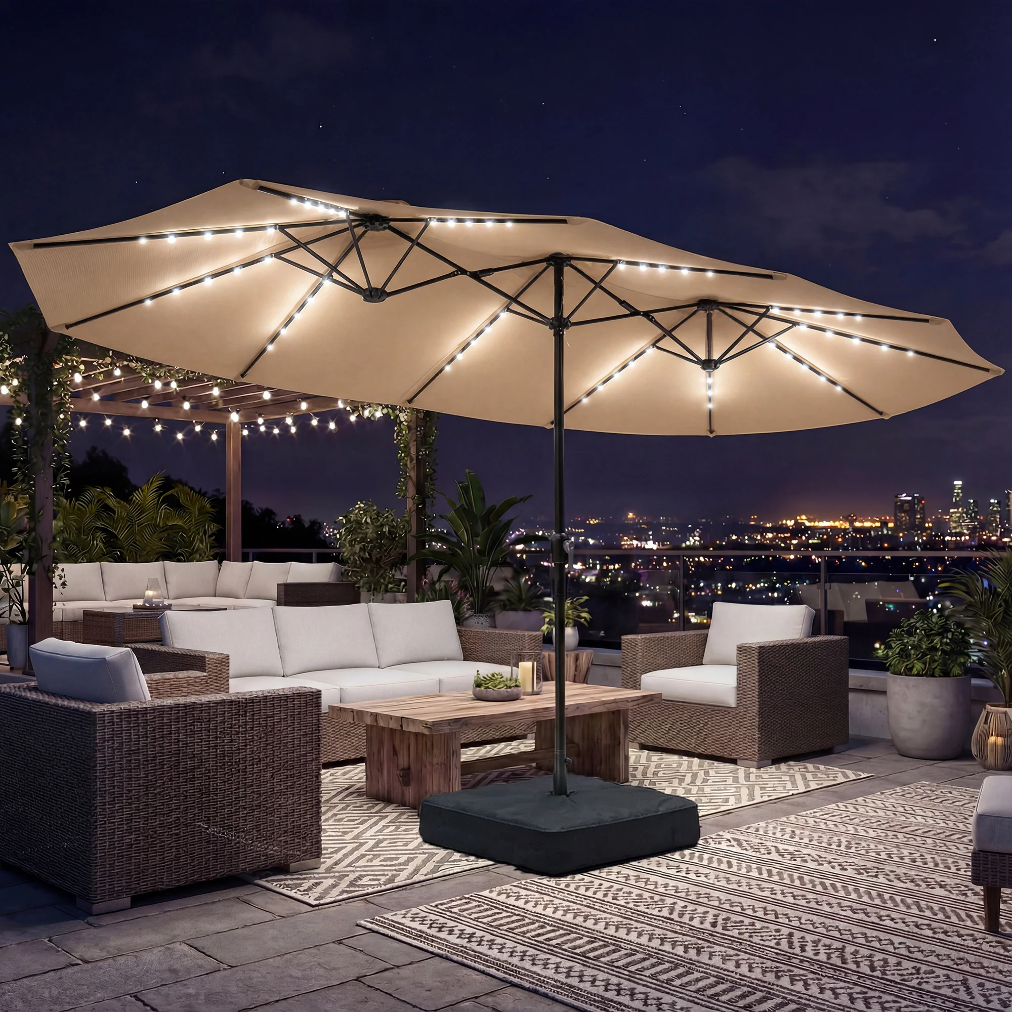 4.5 m Double-Sided Garden Parasol with LED Lights, Base & Sandbags, Khaki - Image 4