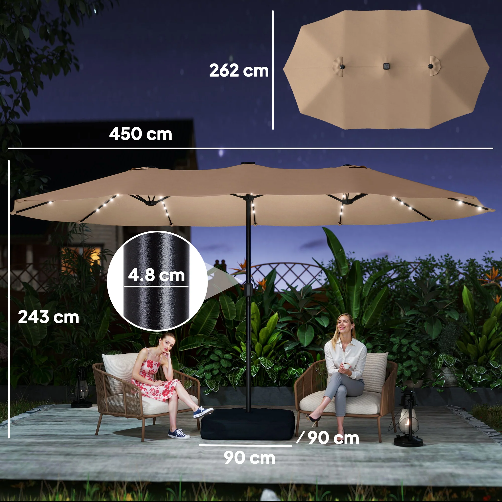 4.5 m Double-Sided Garden Parasol with LED Lights, Base & Sandbags, Khaki - Image 5