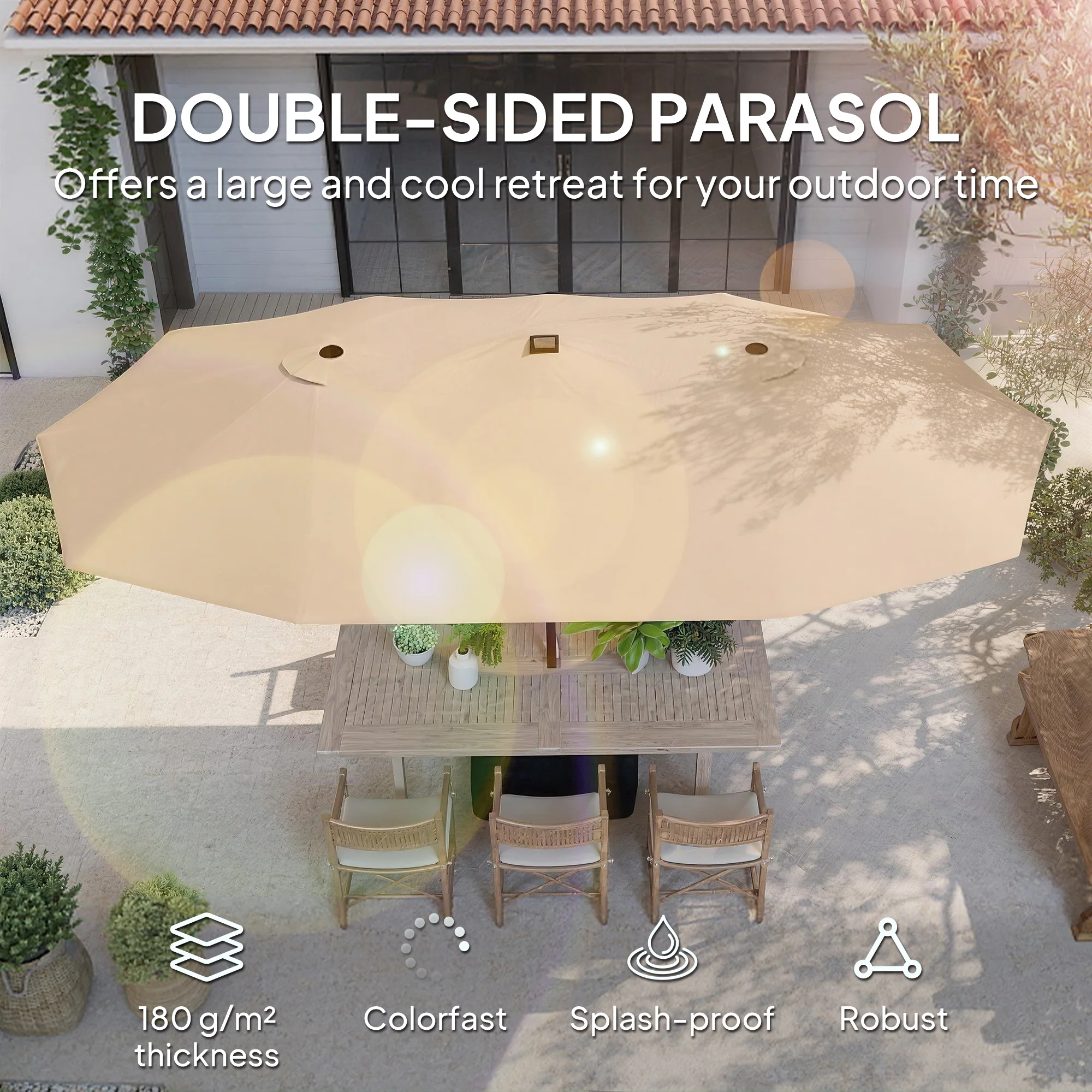 4.5 m Double-Sided Garden Parasol with LED Lights, Base & Sandbags, Khaki - Image 6