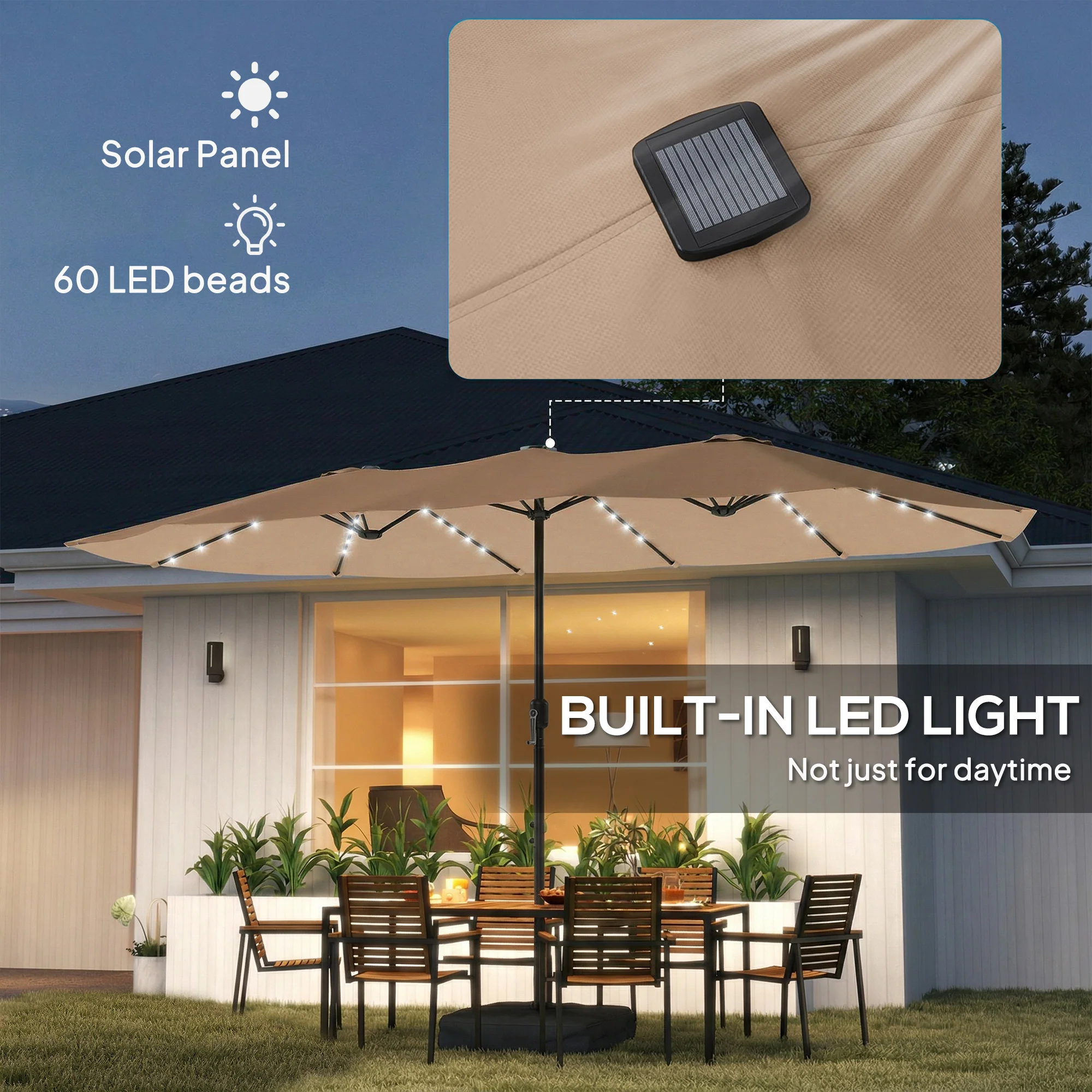 4.5 m Double-Sided Garden Parasol with LED Lights, Base & Sandbags, Khaki - Image 7