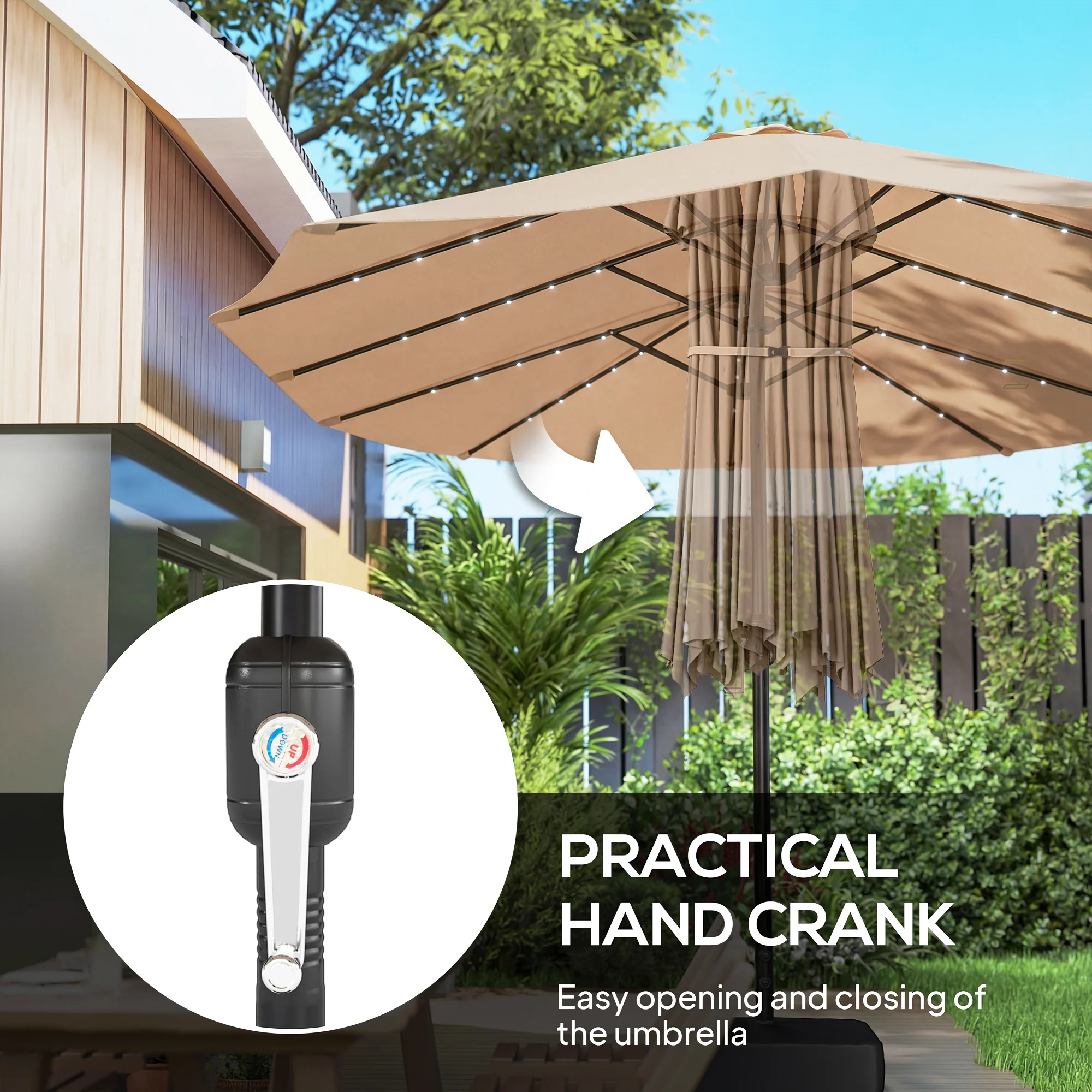 4.5 m Double-Sided Garden Parasol with LED Lights, Base & Sandbags, Khaki - Image 8