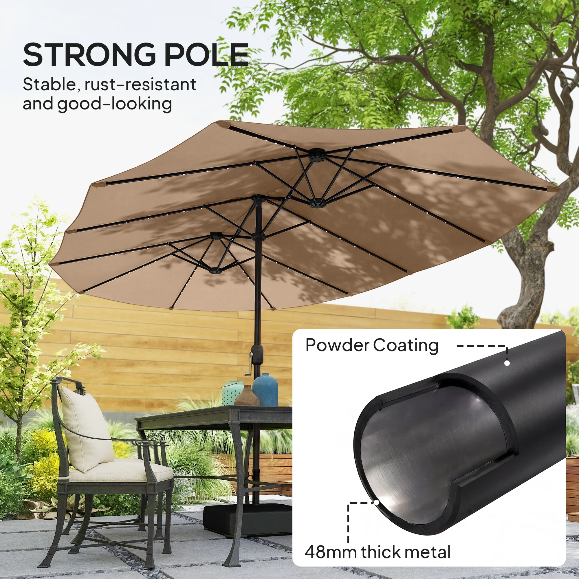 4.5 m Double-Sided Garden Parasol with LED Lights, Base & Sandbags, Khaki - Image 9