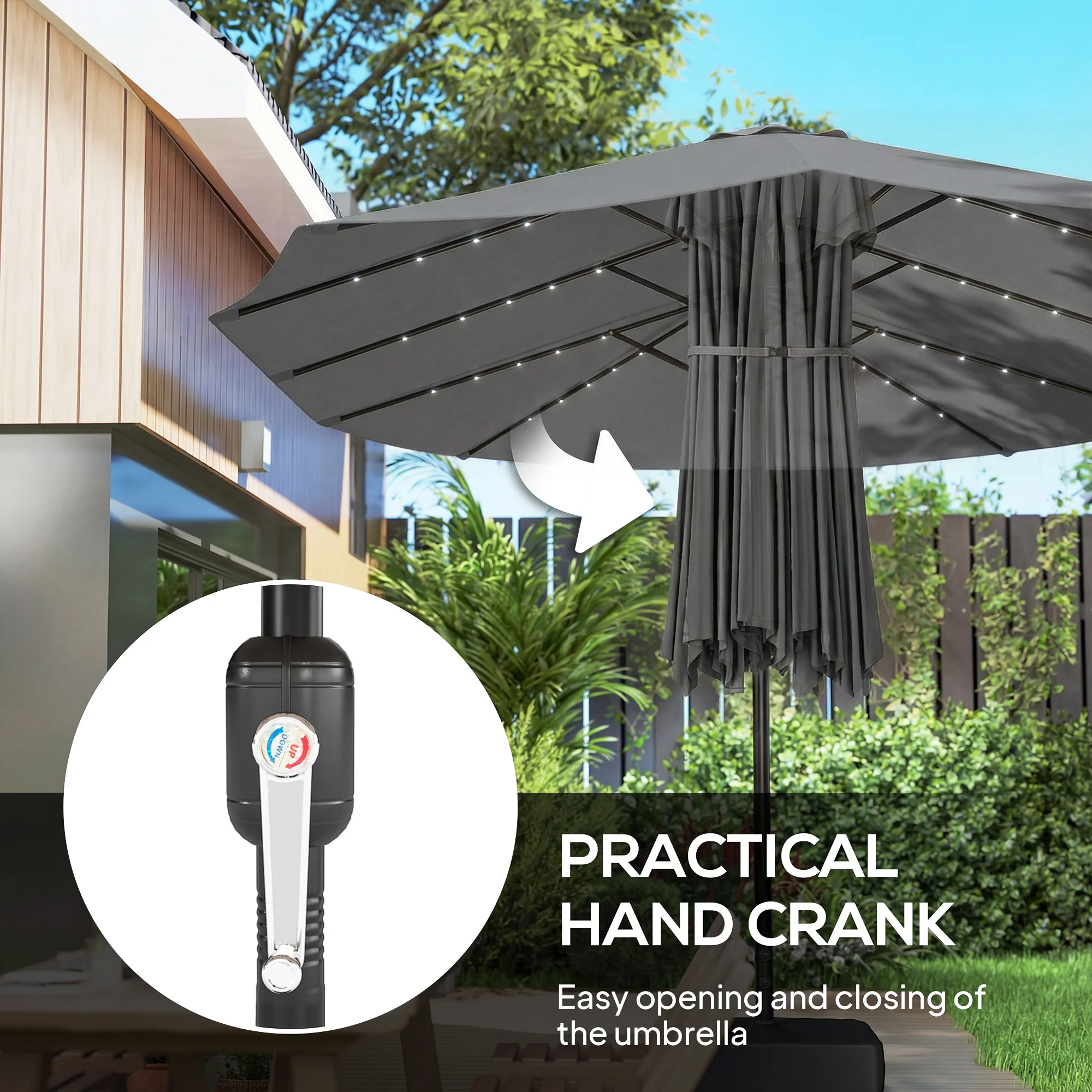 4.5 m Double-Sided Garden Parasol with LED Lights, Base & Sandbags, Grey - Image 8