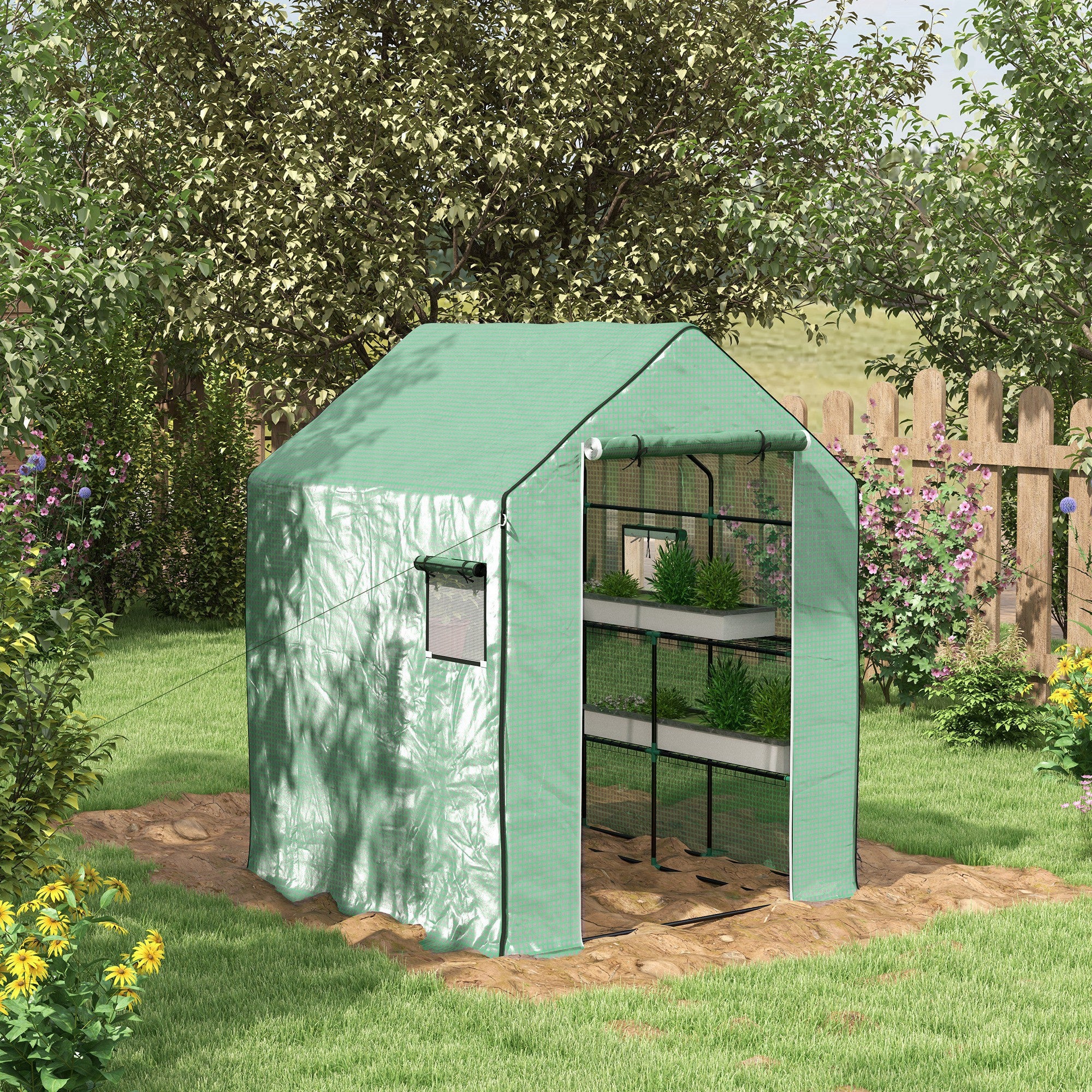 4.6' x 4.7' x 6.2' Walk-in Greenhouse with 8 Shelves & PE Cover, Green - Image 3