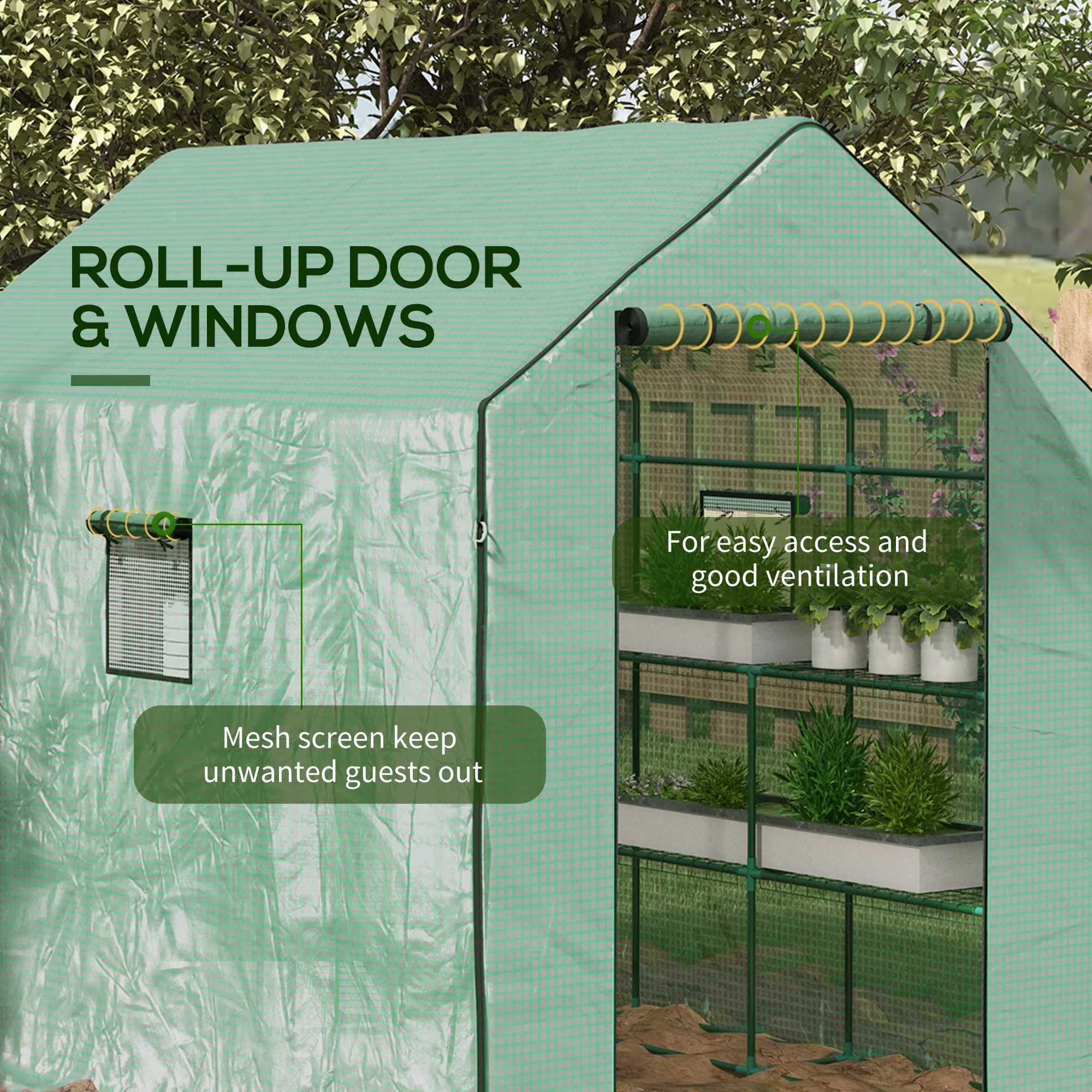 4.6' x 4.7' x 6.2' Walk-in Greenhouse with 8 Shelves & PE Cover, Green - Image 8