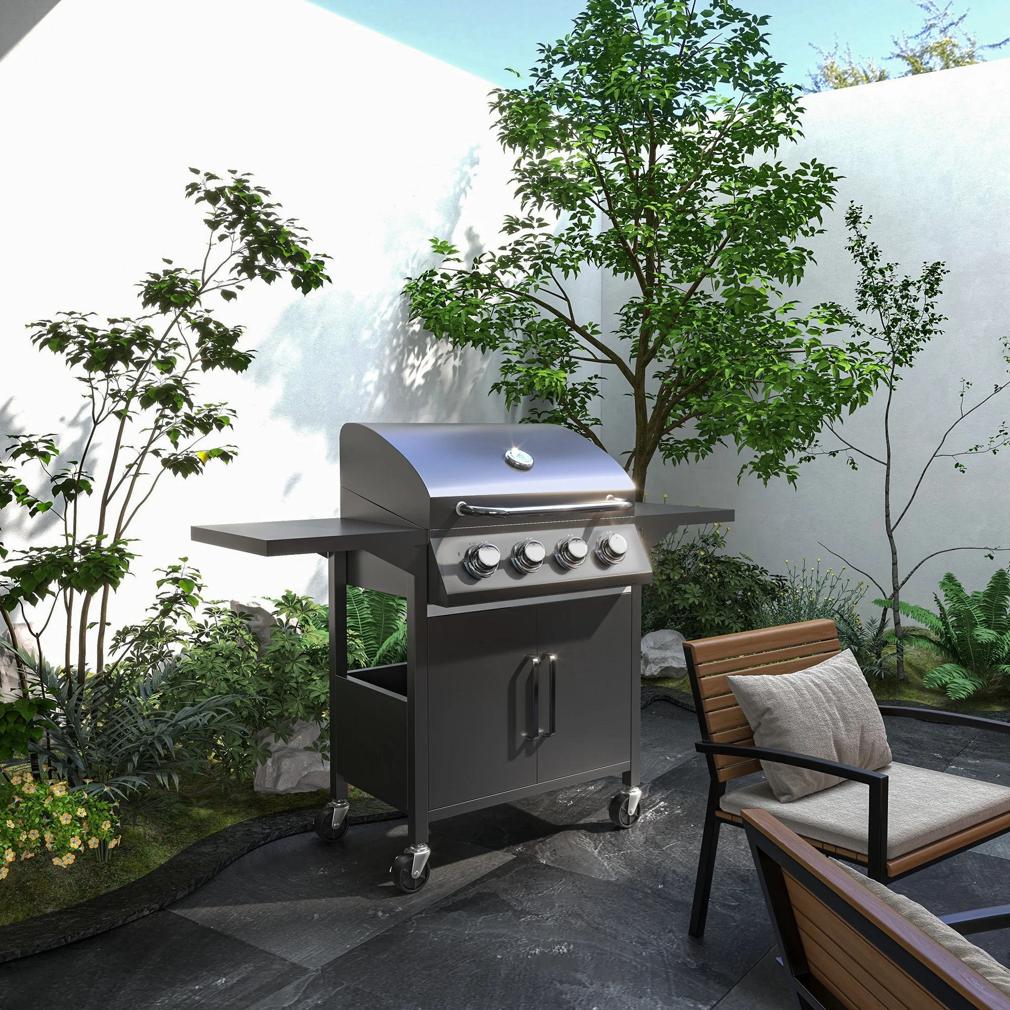 4 Burner Gas BBQ Grill with Storage Cabinet & Thermometer, Carbon Steel, Black - Image 3