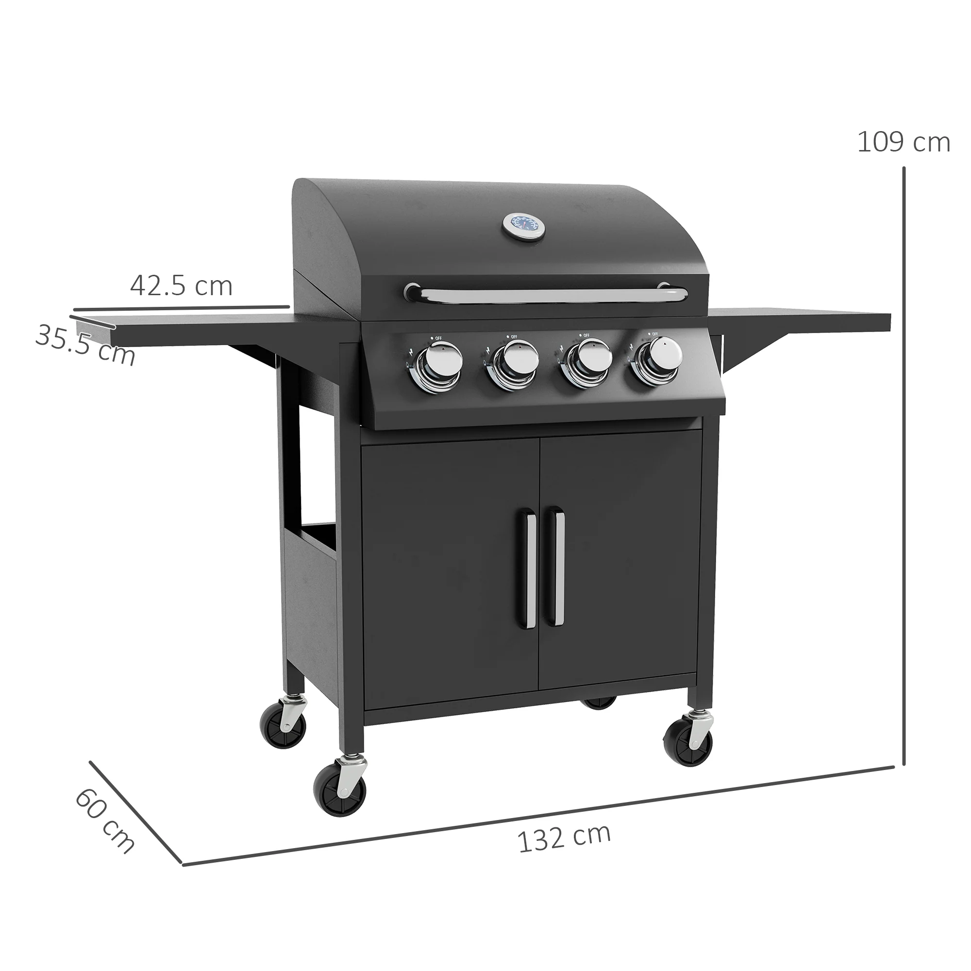 4 Burner Gas BBQ Grill with Storage Cabinet & Thermometer, Carbon Steel, Black - Image 5