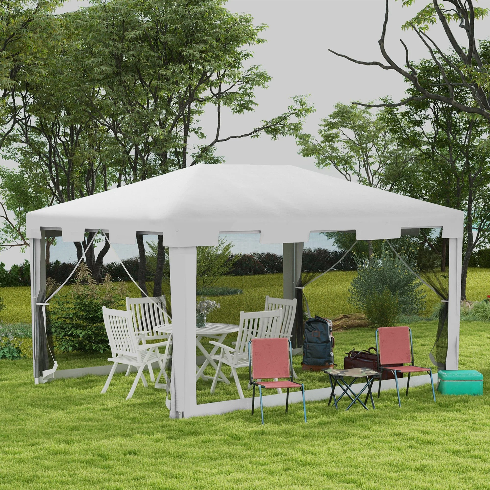 4 x 3 m Gazebo Canopy Party Tent with Mesh Sidewalls for Outdoor Event, White - Image 4