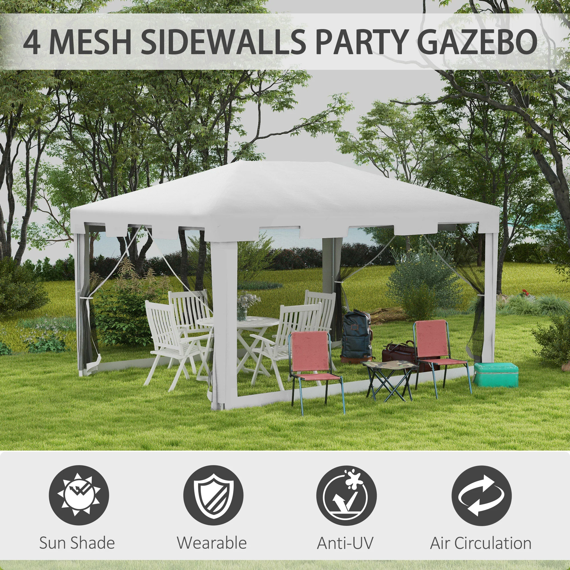4 x 3 m Gazebo Canopy Party Tent with Mesh Sidewalls for Outdoor Event, White - Image 6