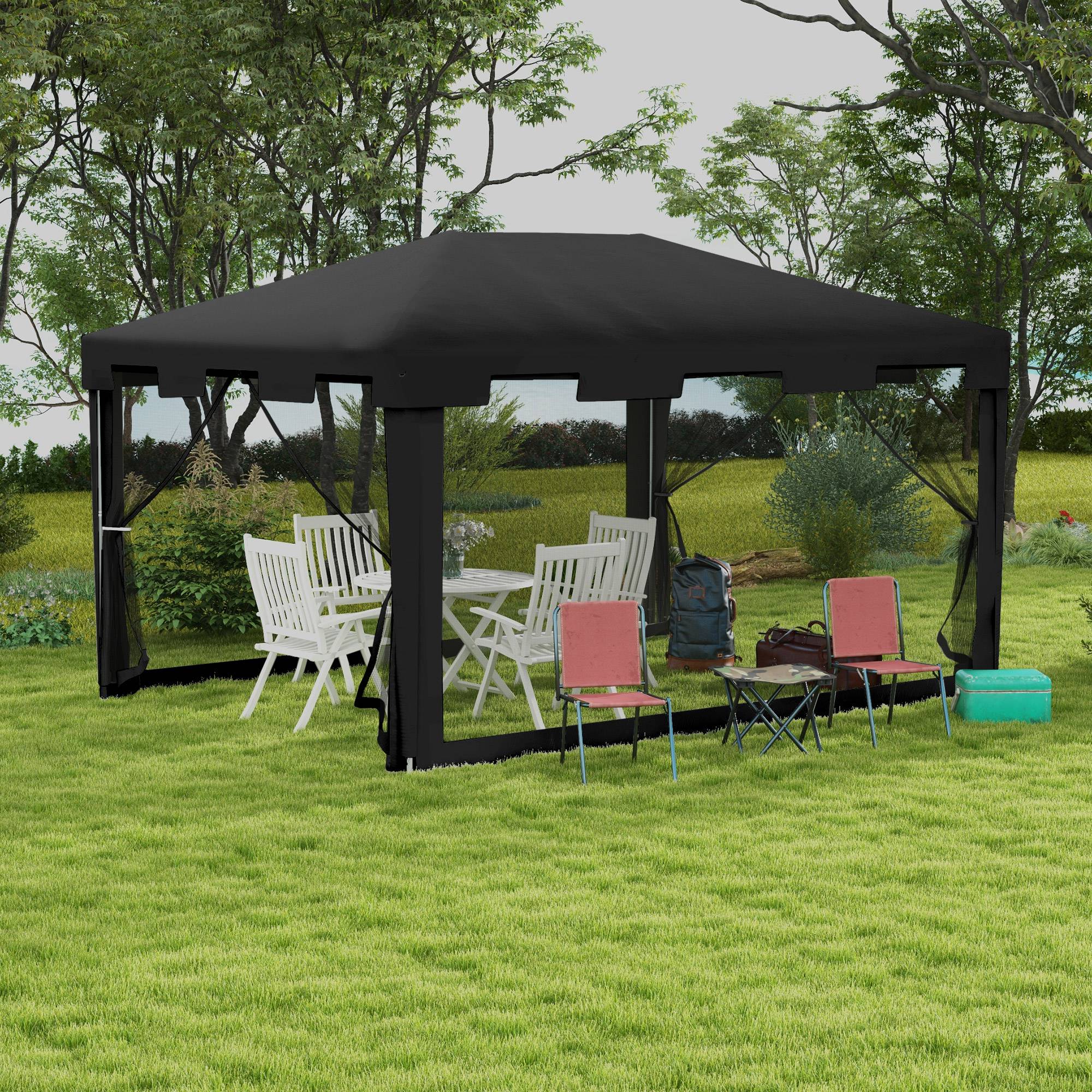 4 x 3 m Gazebo Canopy Party Tent with Mesh Sidewalls for Outdoor Event, Dark Grey - Image 4